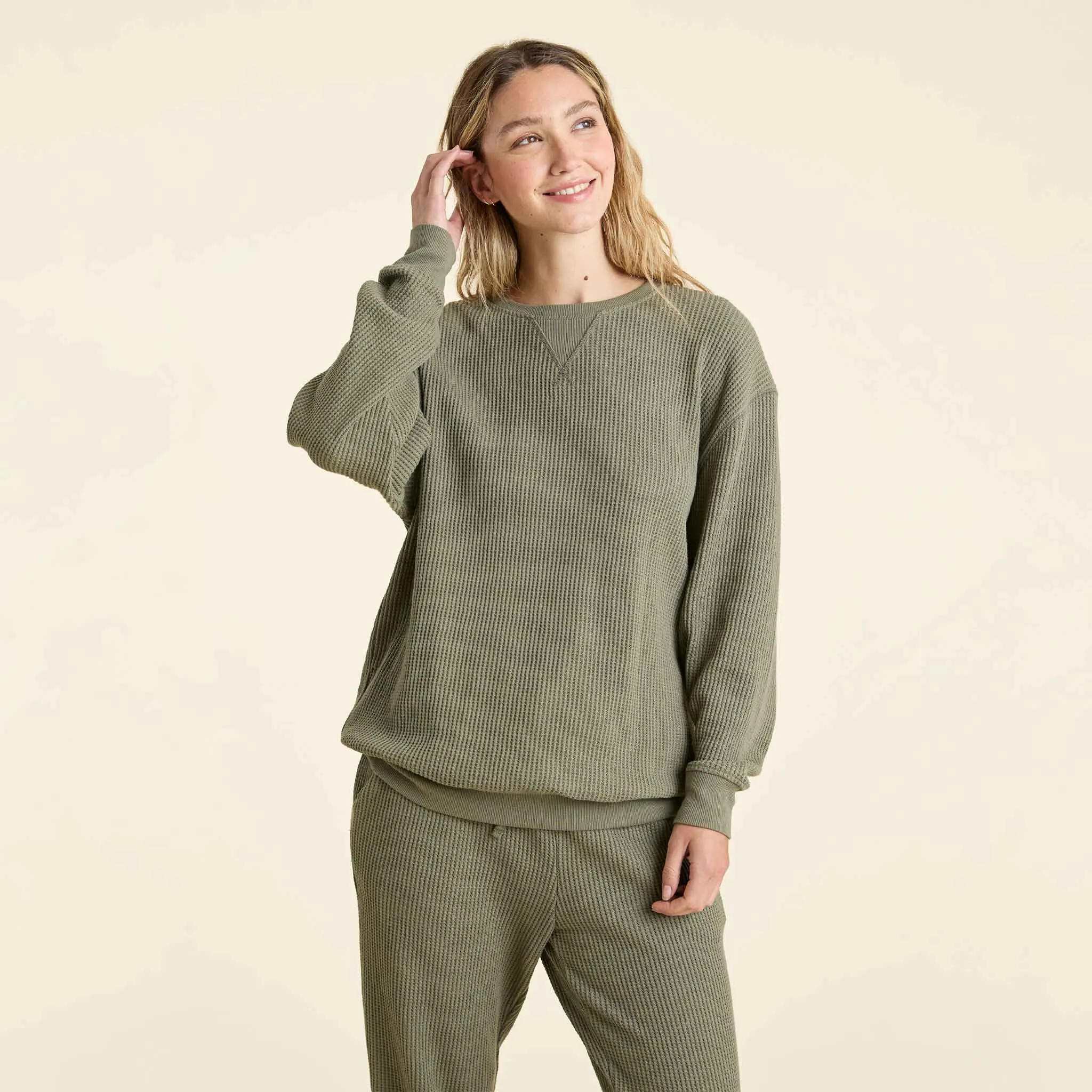 Waffle Crewneck Pullover | Olive sold by nuuds