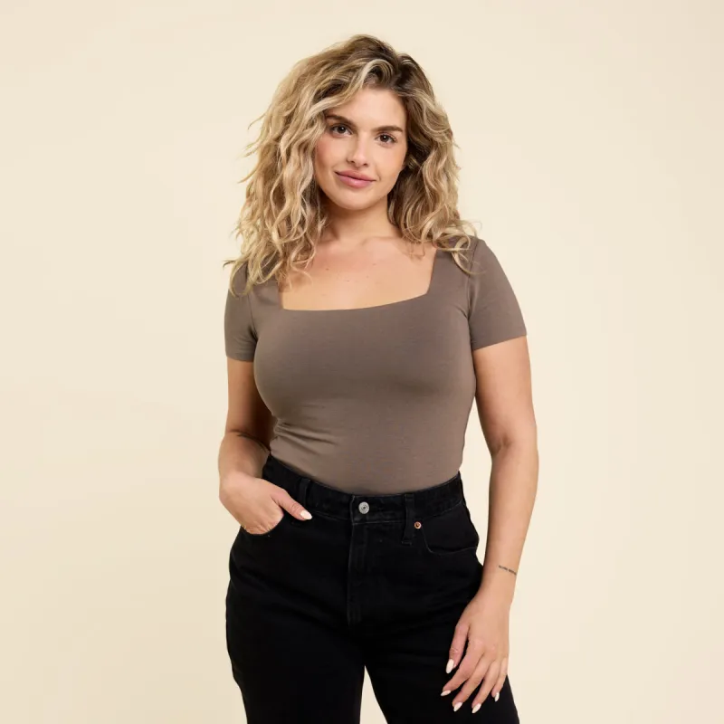 Cotton Stretch Short Sleeve Square Neck Bodysuit | Mocha sold by nuuds