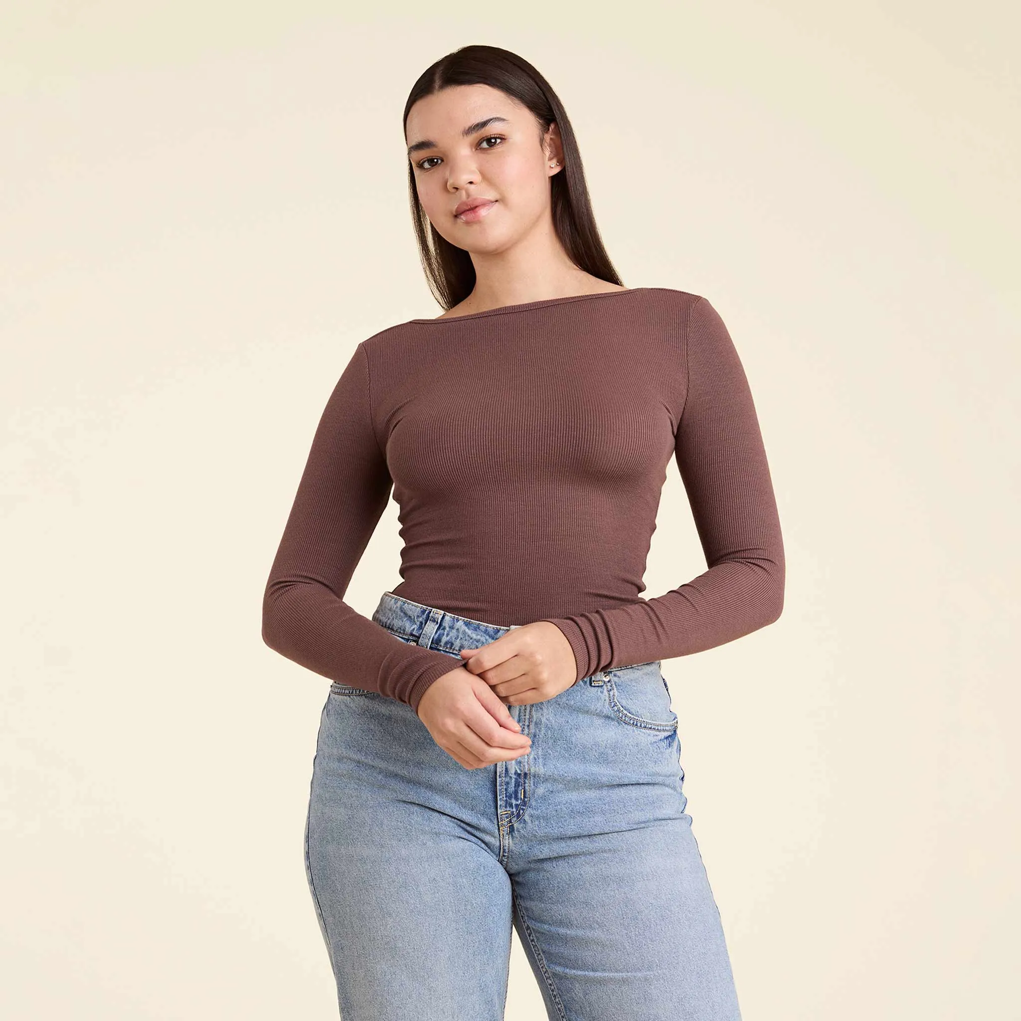 Slinky Rib Long Sleeve Open Back Shirt | Coffee sold by nuuds