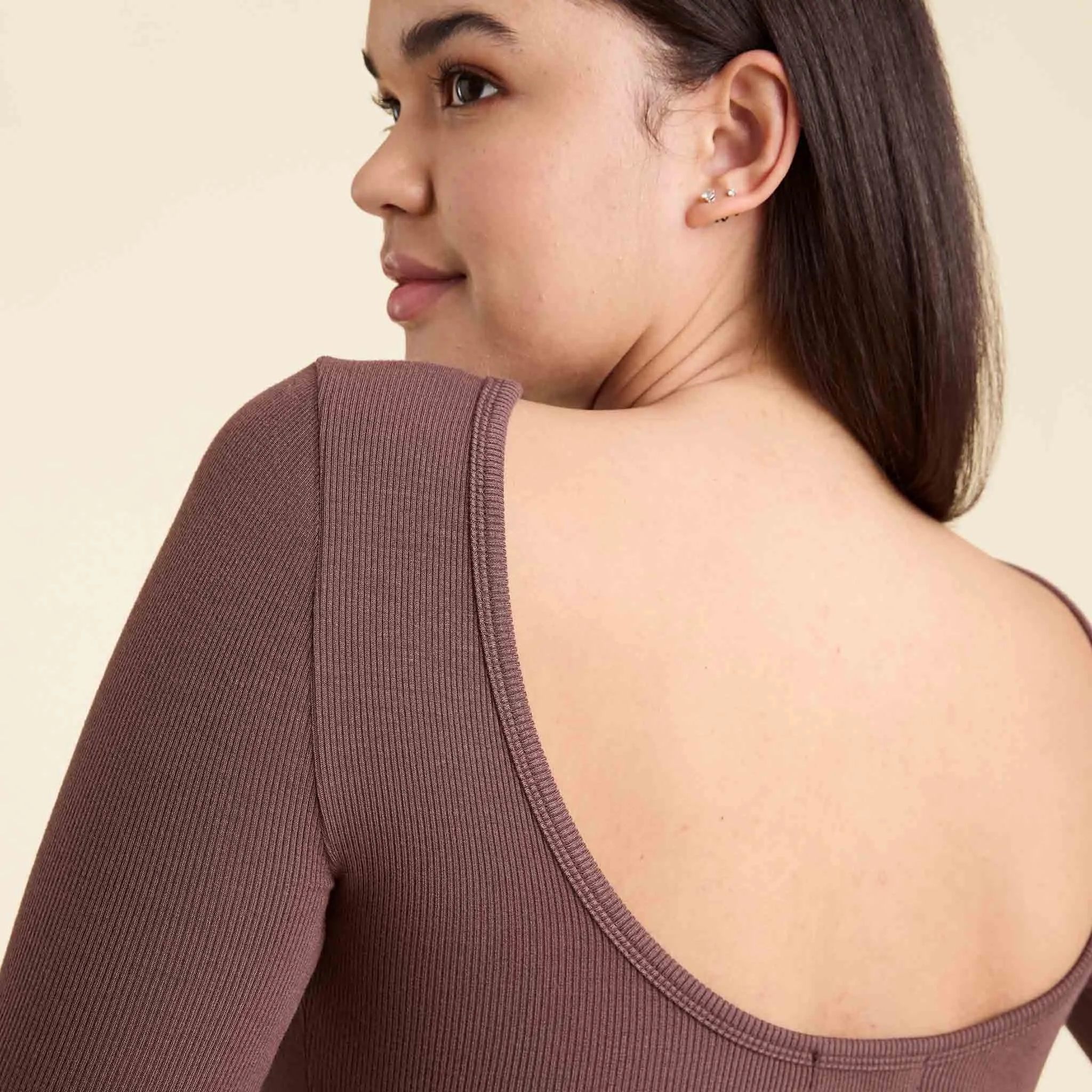 Slinky Rib Long Sleeve Open Back Shirt | Coffee sold by nuuds product image thumbnail 5