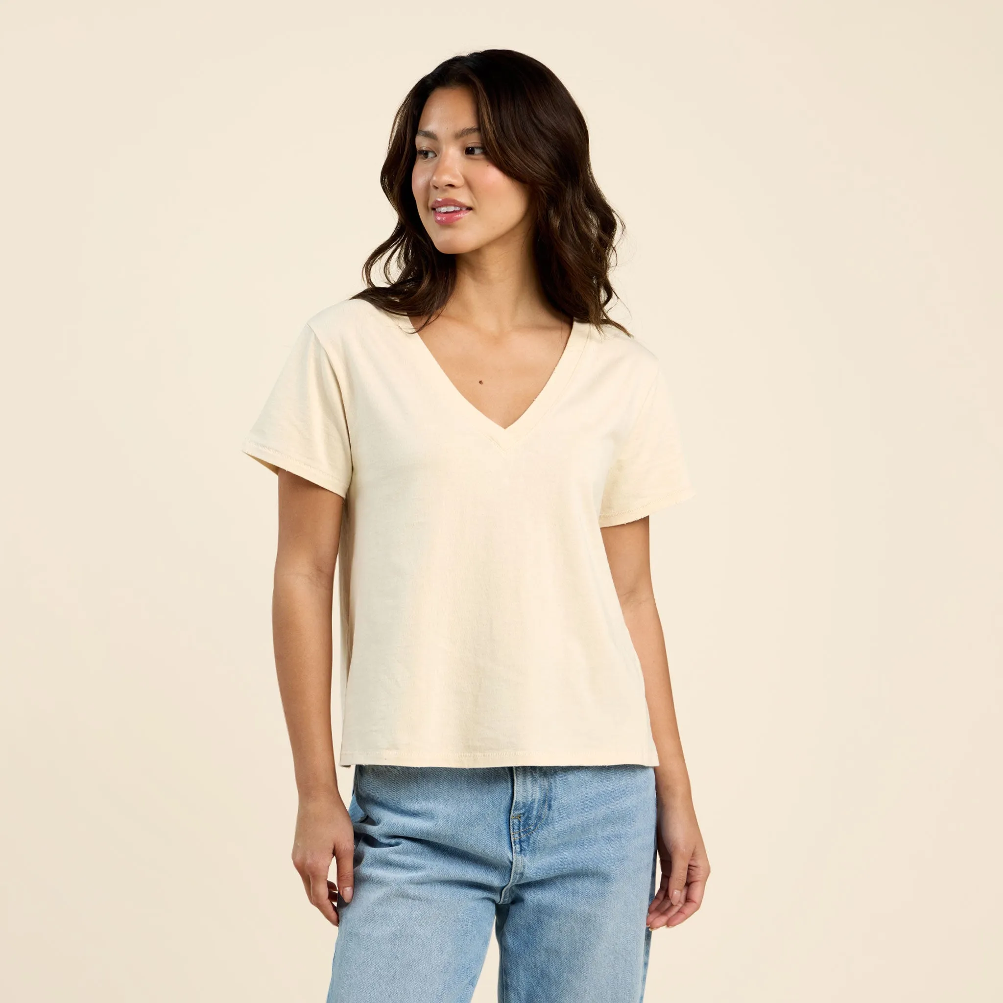Vintage Cotton V-Neck Everyday T-Shirt | Bone sold by nuuds