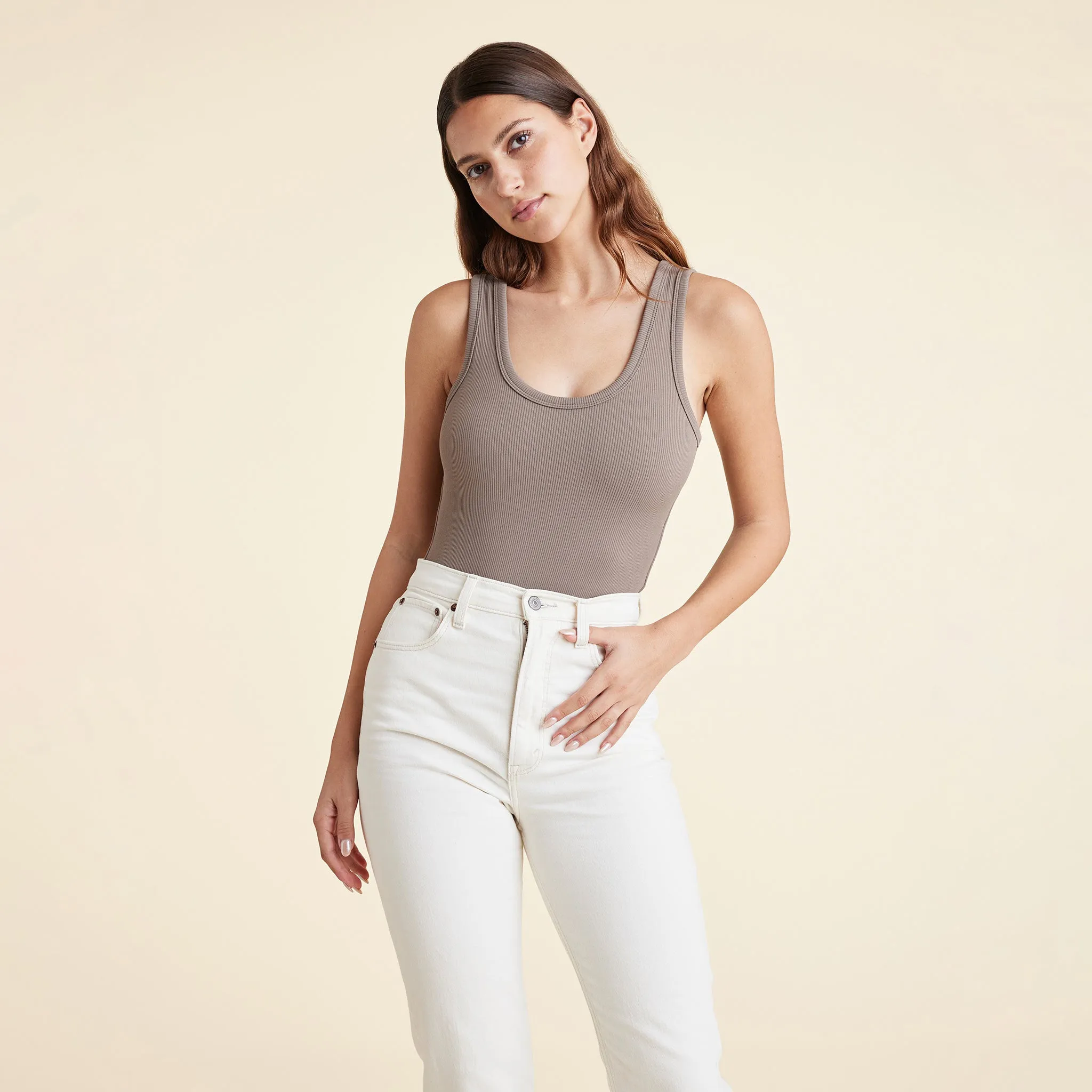 Ribbed Scoop Tank Bodysuit | Mocha sold by nuuds