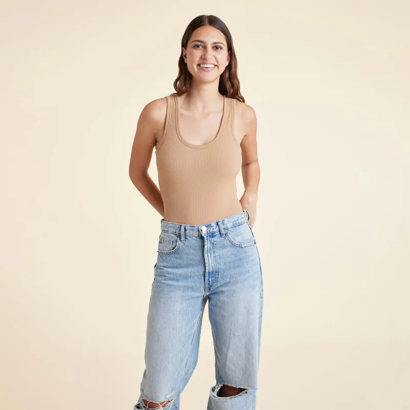 Ribbed Scoop Tank Bodysuit | Cinnamon sold by nuuds
