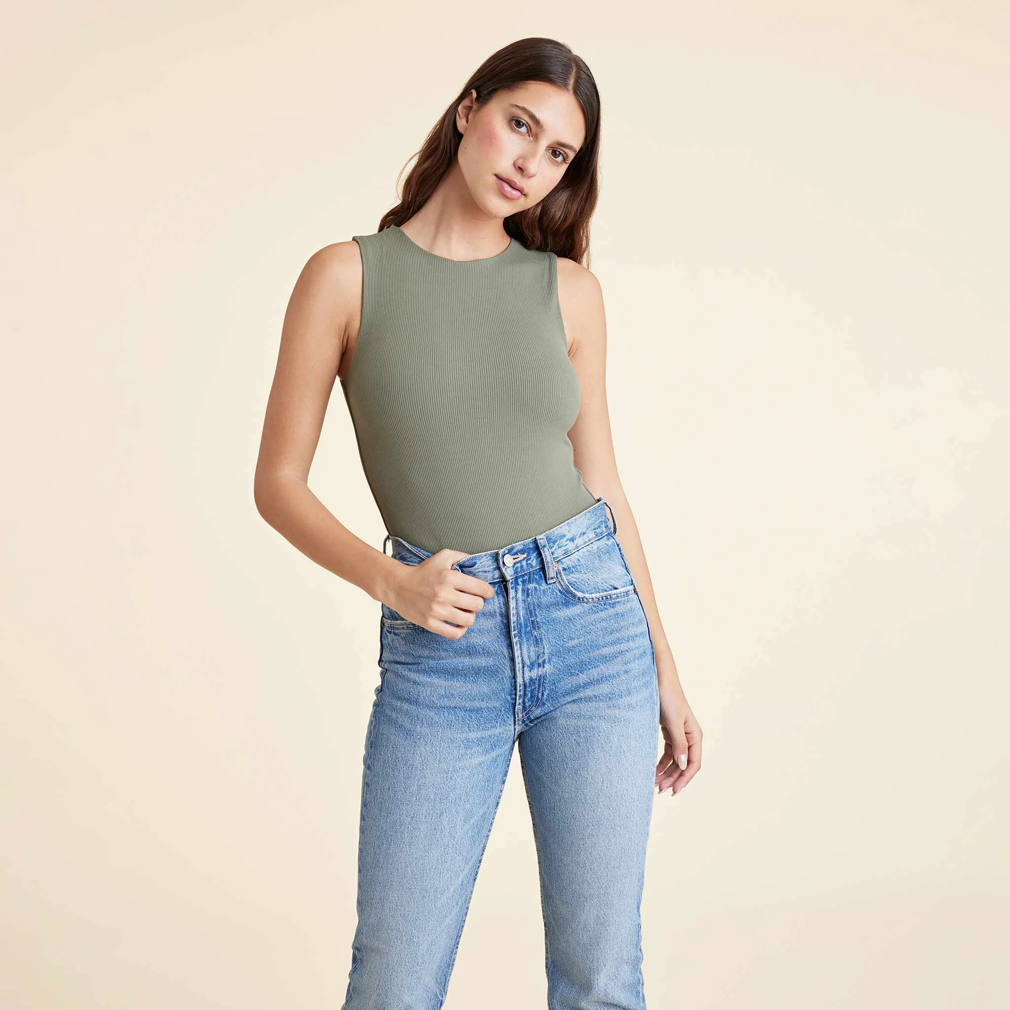 Ribbed Crewneck Tank Bodysuit | Olive sold by nuuds