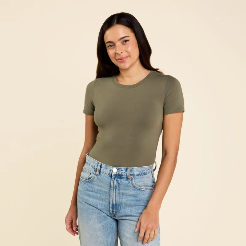 Short Sleeve Crewneck Bodysuit | Olive sold by nuuds