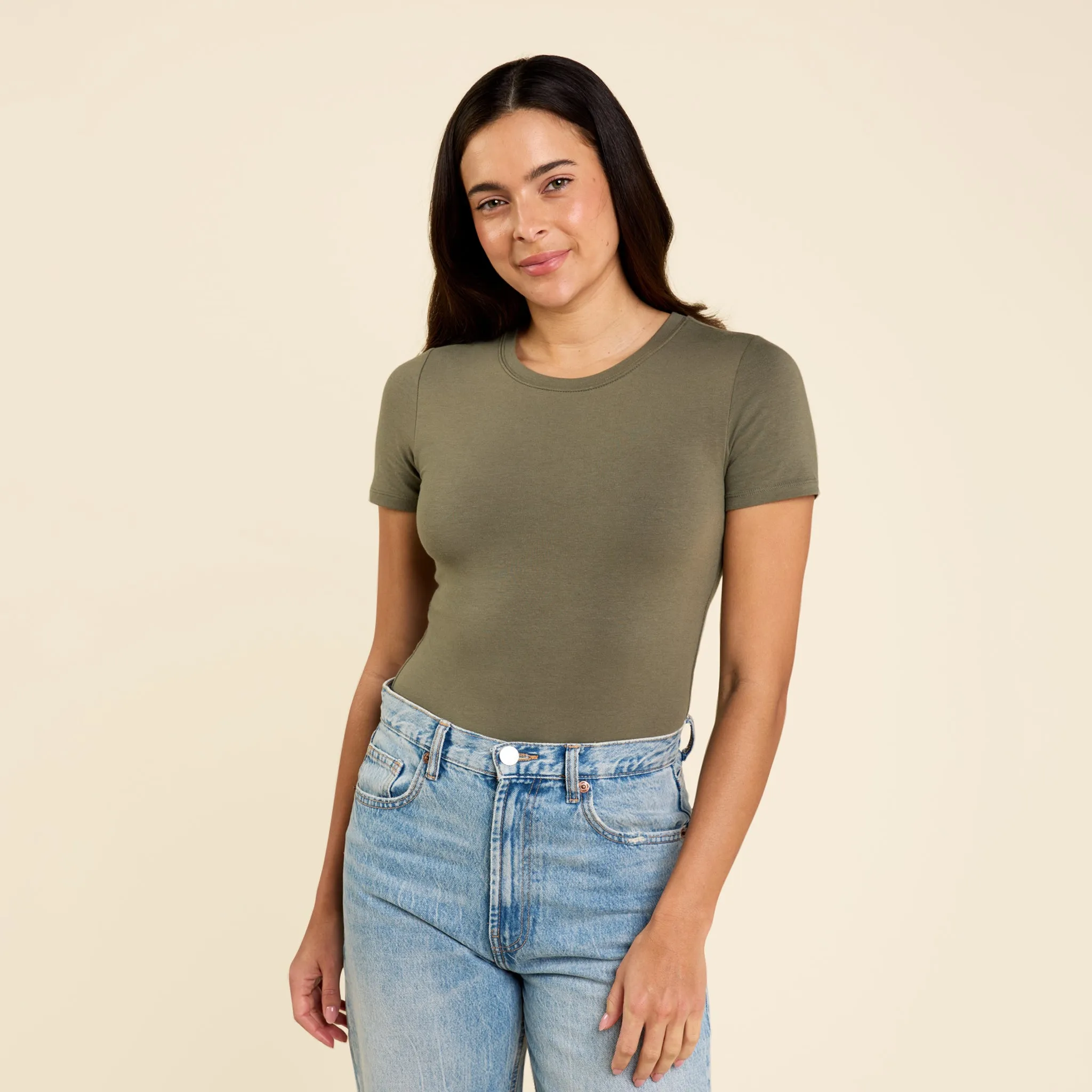Short Sleeve Crewneck Bodysuit | Olive sold by nuuds
