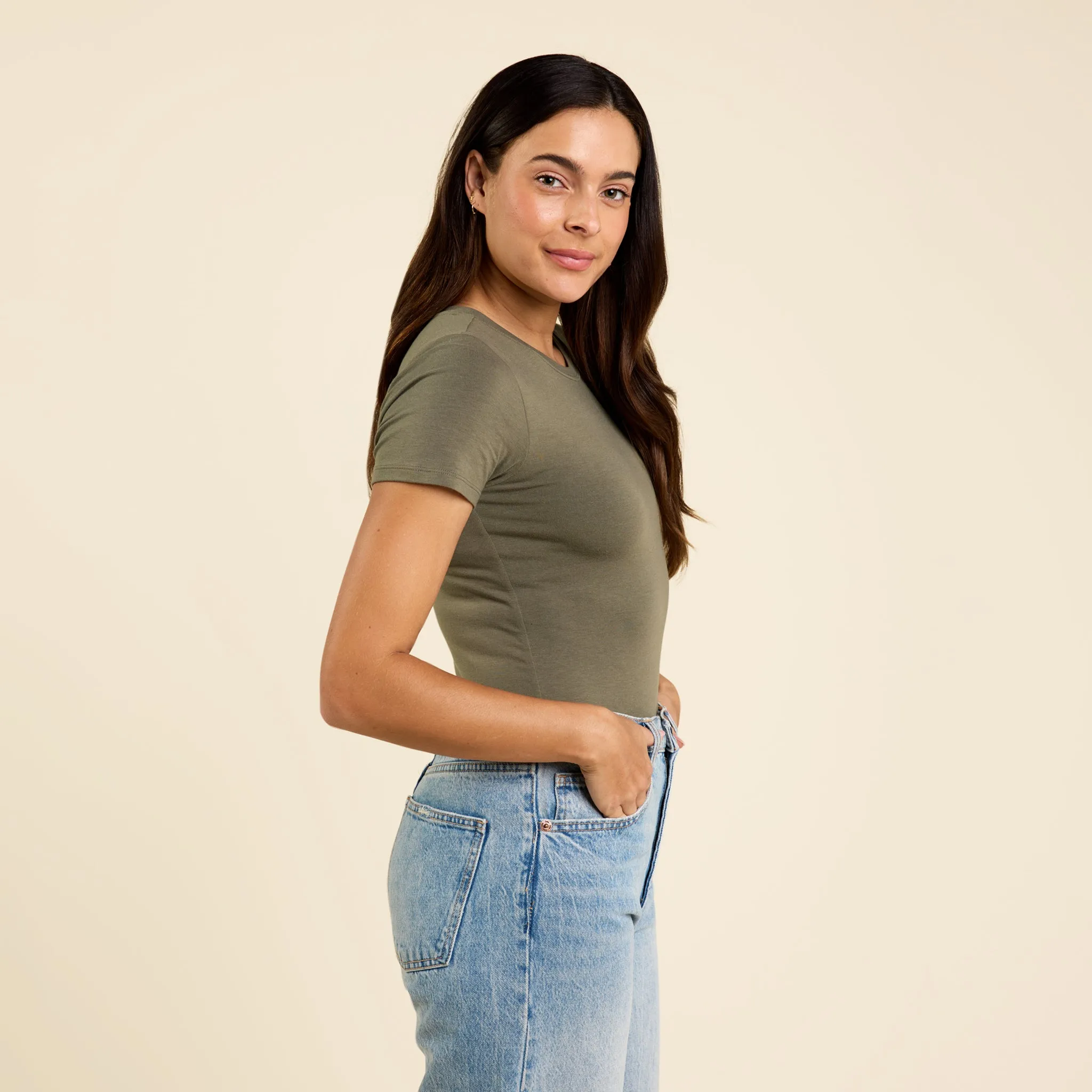 Short Sleeve Crewneck Bodysuit | Olive sold by nuuds product image thumbnail 3