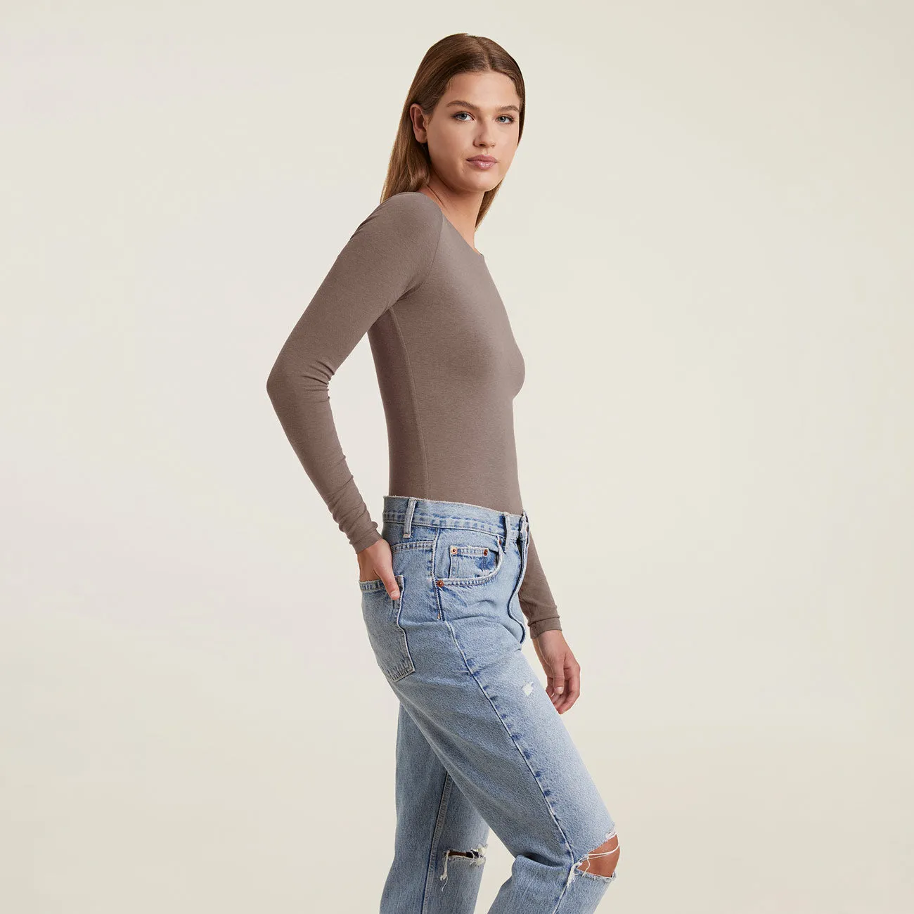 Cotton Stretch Long Sleeve Crewneck Bodysuit | Mocha sold by nuuds product image thumbnail 3