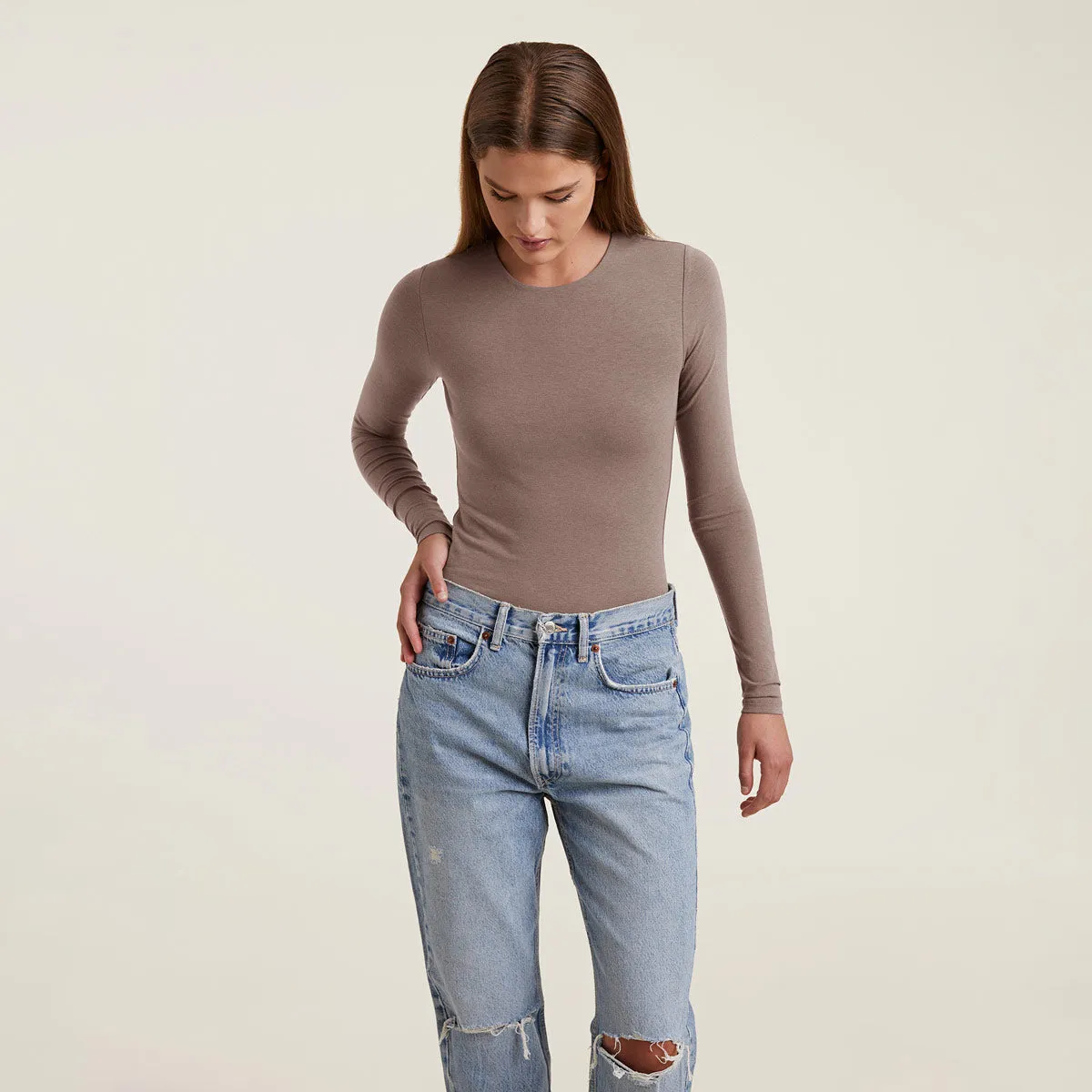 Cotton Stretch Long Sleeve Crewneck Bodysuit | Mocha sold by nuuds