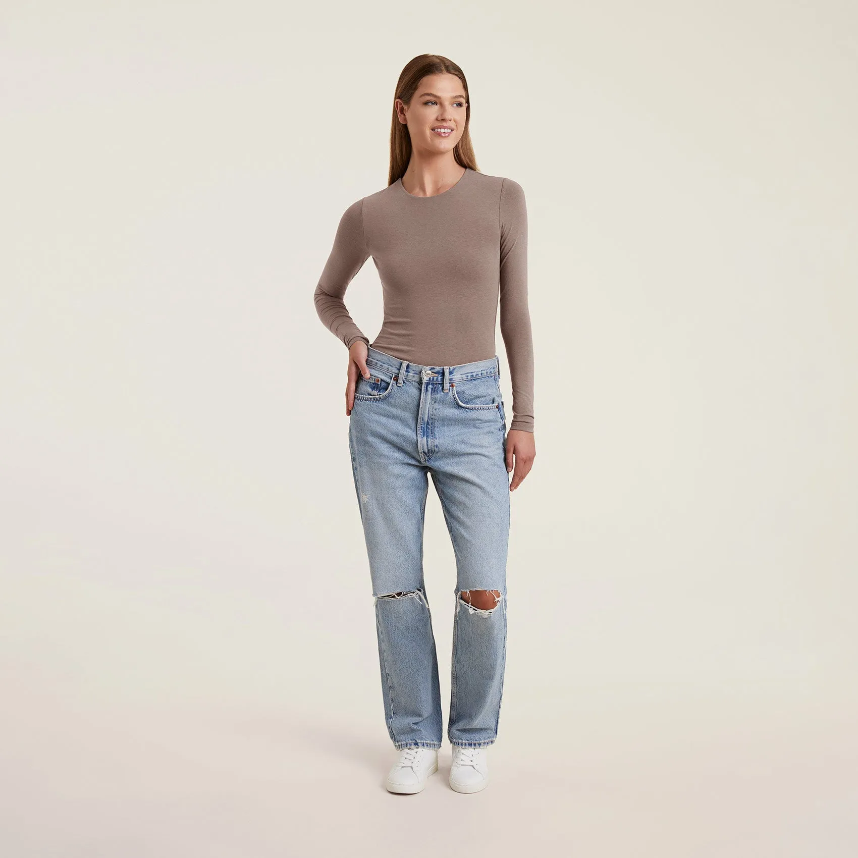 Cotton Stretch Long Sleeve Crewneck Bodysuit | Mocha sold by nuuds product image thumbnail 2