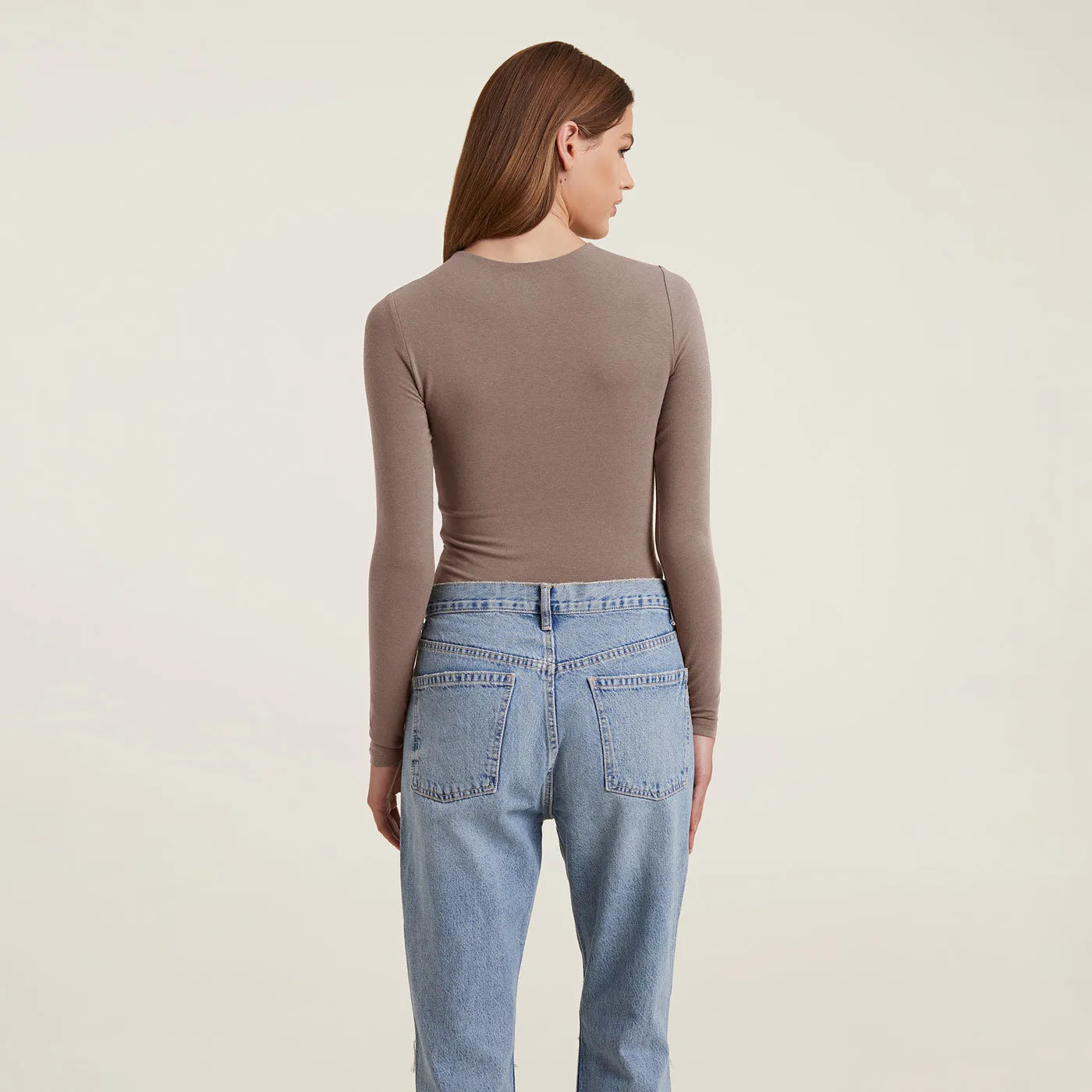 Cotton Stretch Long Sleeve Crewneck Bodysuit | Mocha sold by nuuds product image thumbnail 4