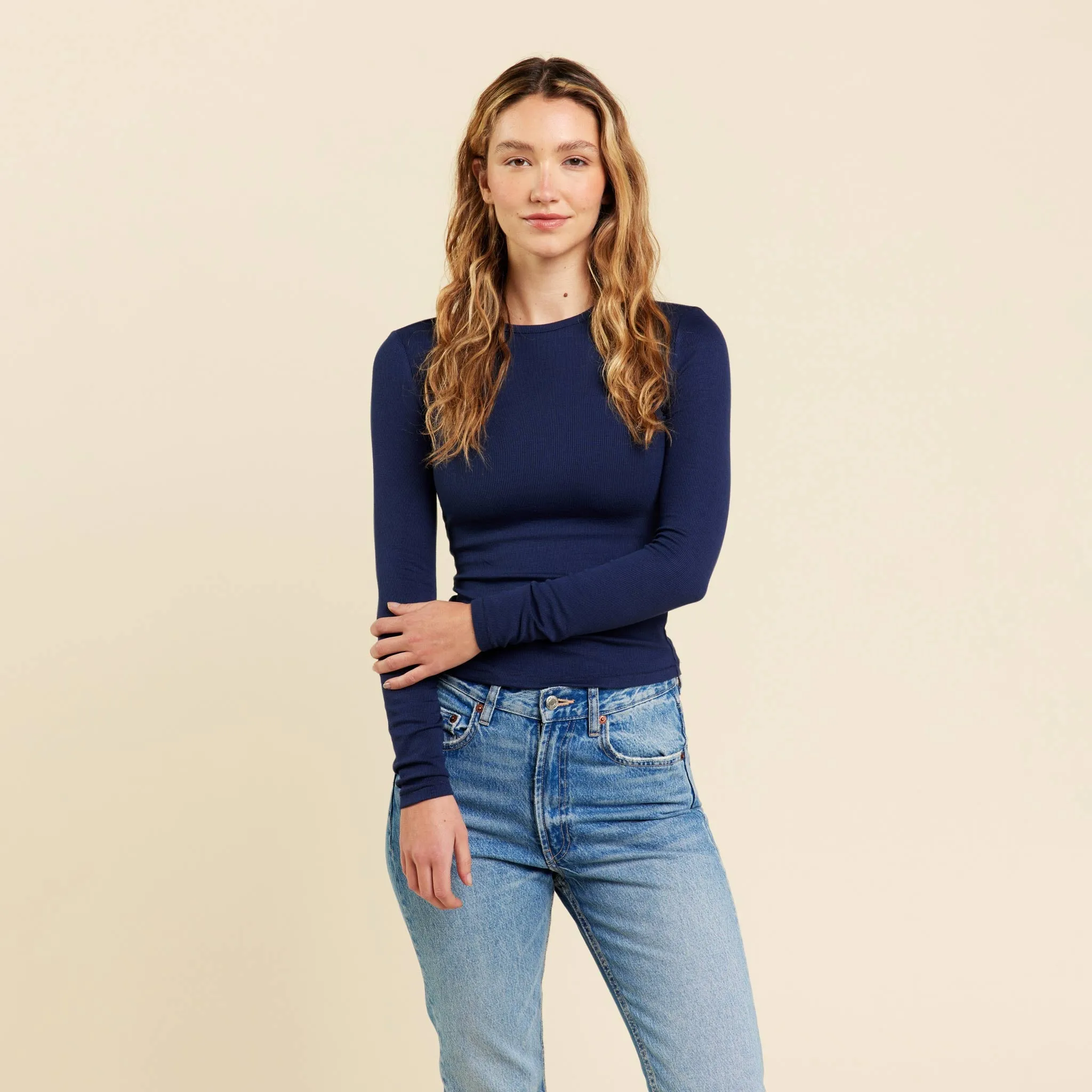 Slinky Rib Long Sleeve Shirt | Navy sold by nuuds