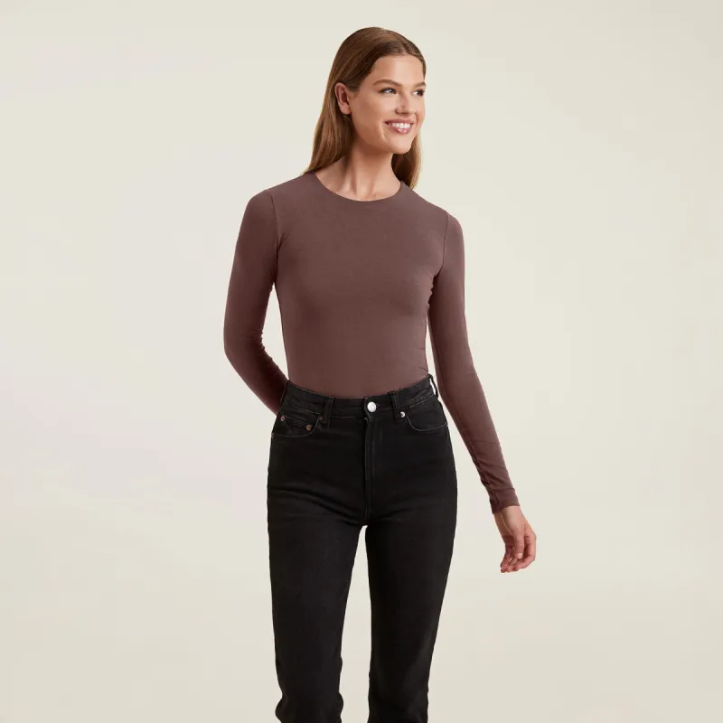 Cotton Stretch Long Sleeve Crewneck Bodysuit | Coffee sold by nuuds