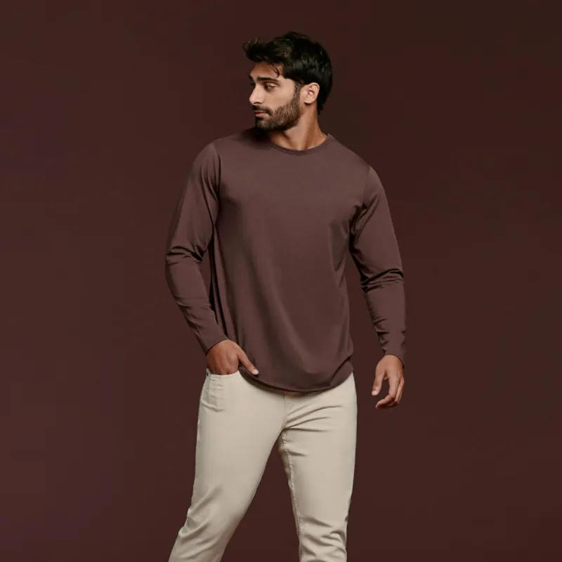 Long Sleeve Curved Hem T-Shirt | Coffee sold by nuuds