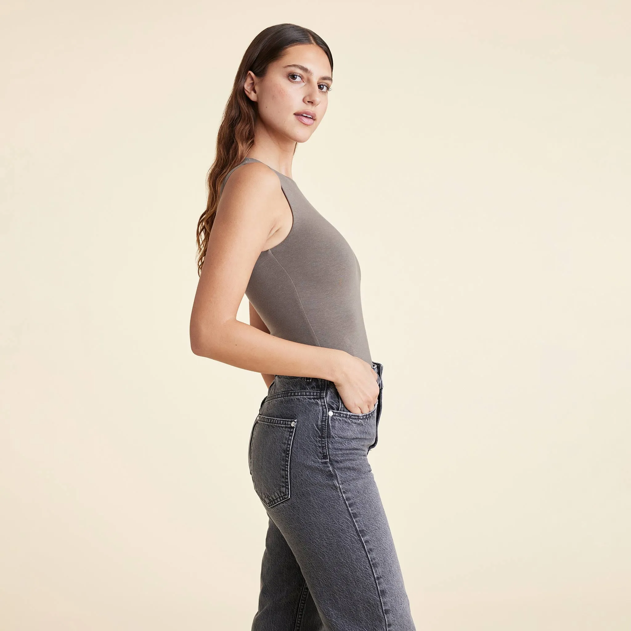 Cotton Stretch Classic Crewneck Tank Bodysuit | Mocha sold by nuuds product image thumbnail 3