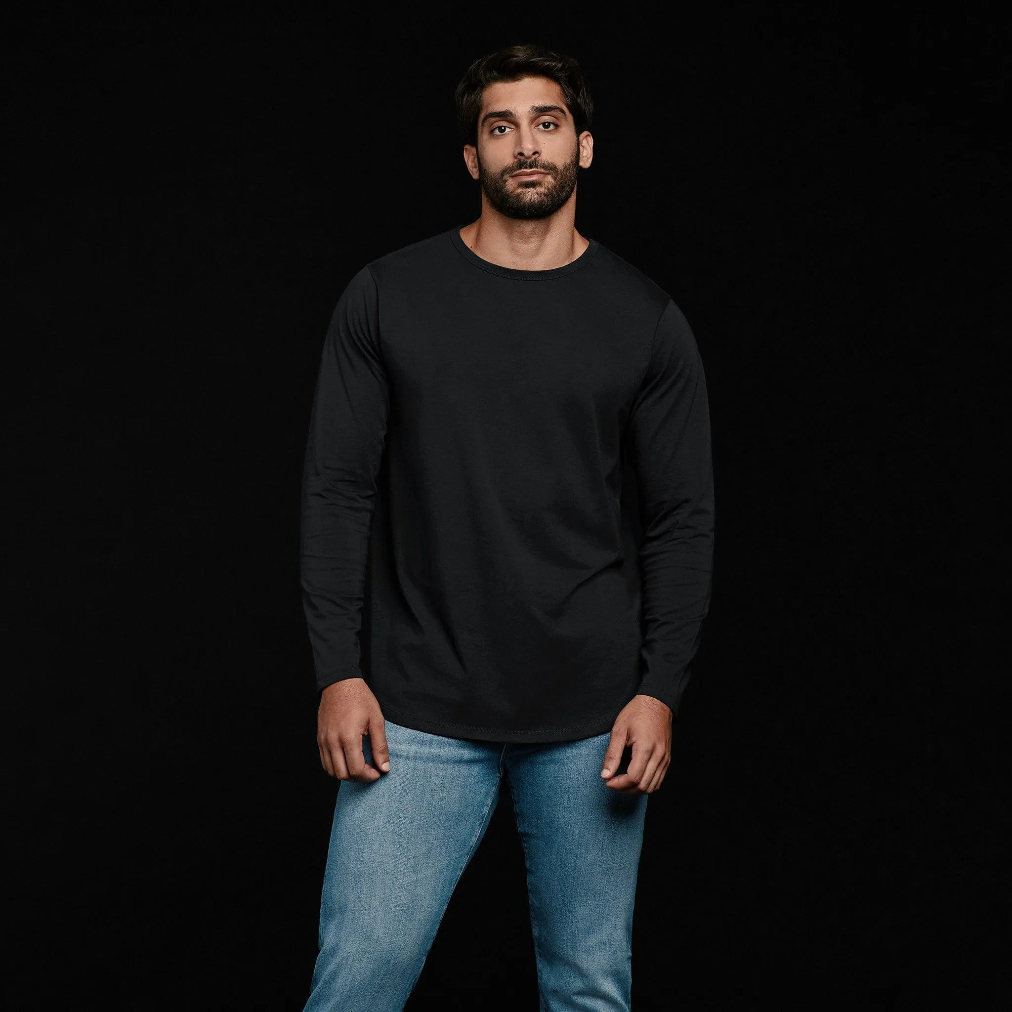 Long Sleeve Curved Hem T-Shirt | Black sold by nuuds