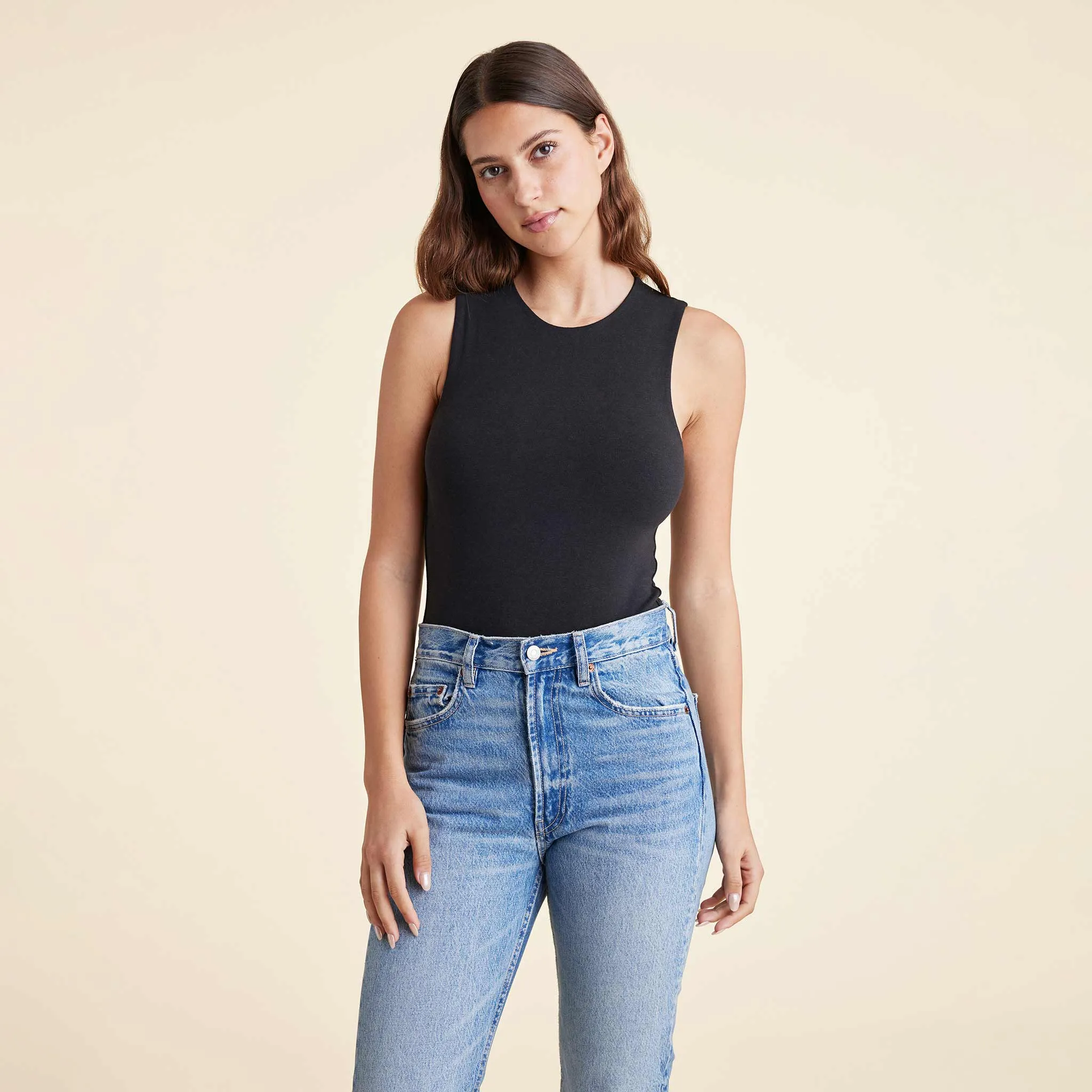 Cotton Stretch Classic Crewneck Tank Bodysuit | Black sold by nuuds