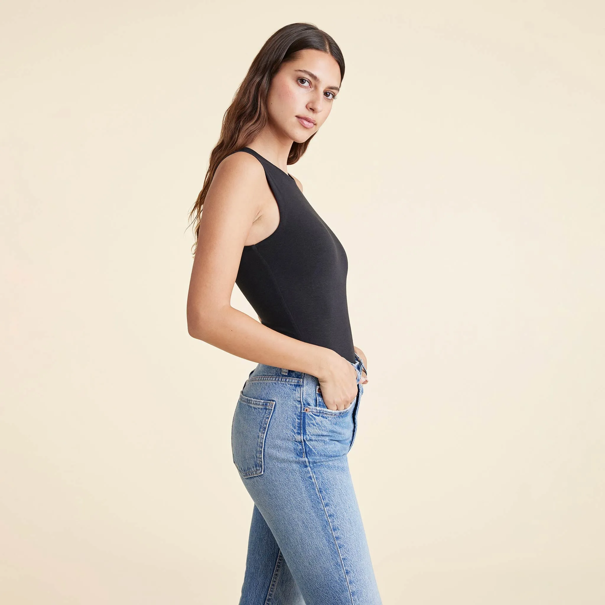 Cotton Stretch Classic Crewneck Tank Bodysuit | Black sold by nuuds product image thumbnail 3