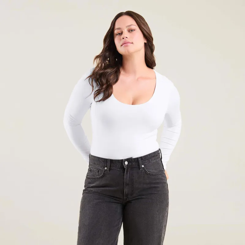 Long Sleeve Scoop Neck Bodysuit | White sold by nuuds
