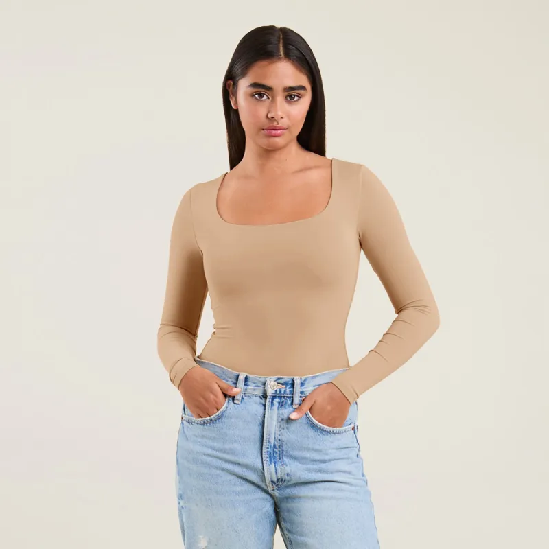 Long Sleeve Square Neck Bodysuit | Oat sold by nuuds