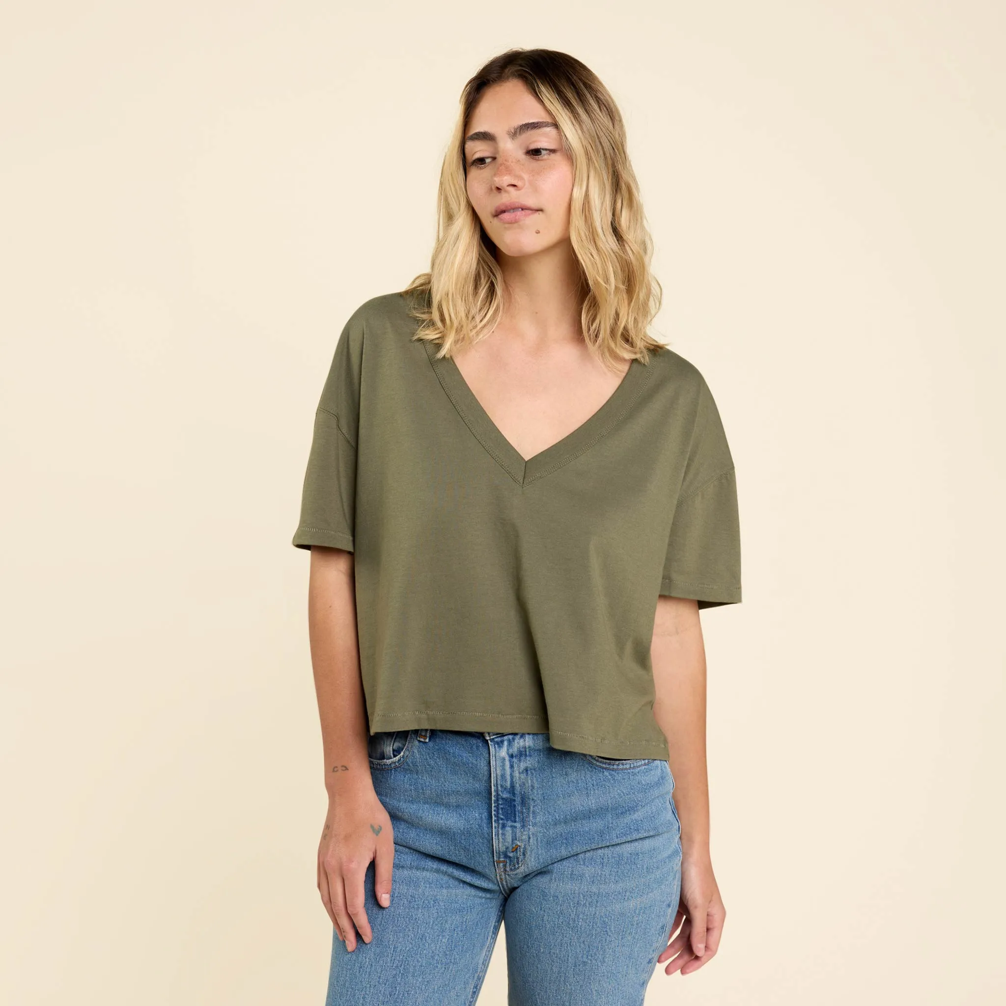 Boxy V-Neck Tee | Olive sold by nuuds