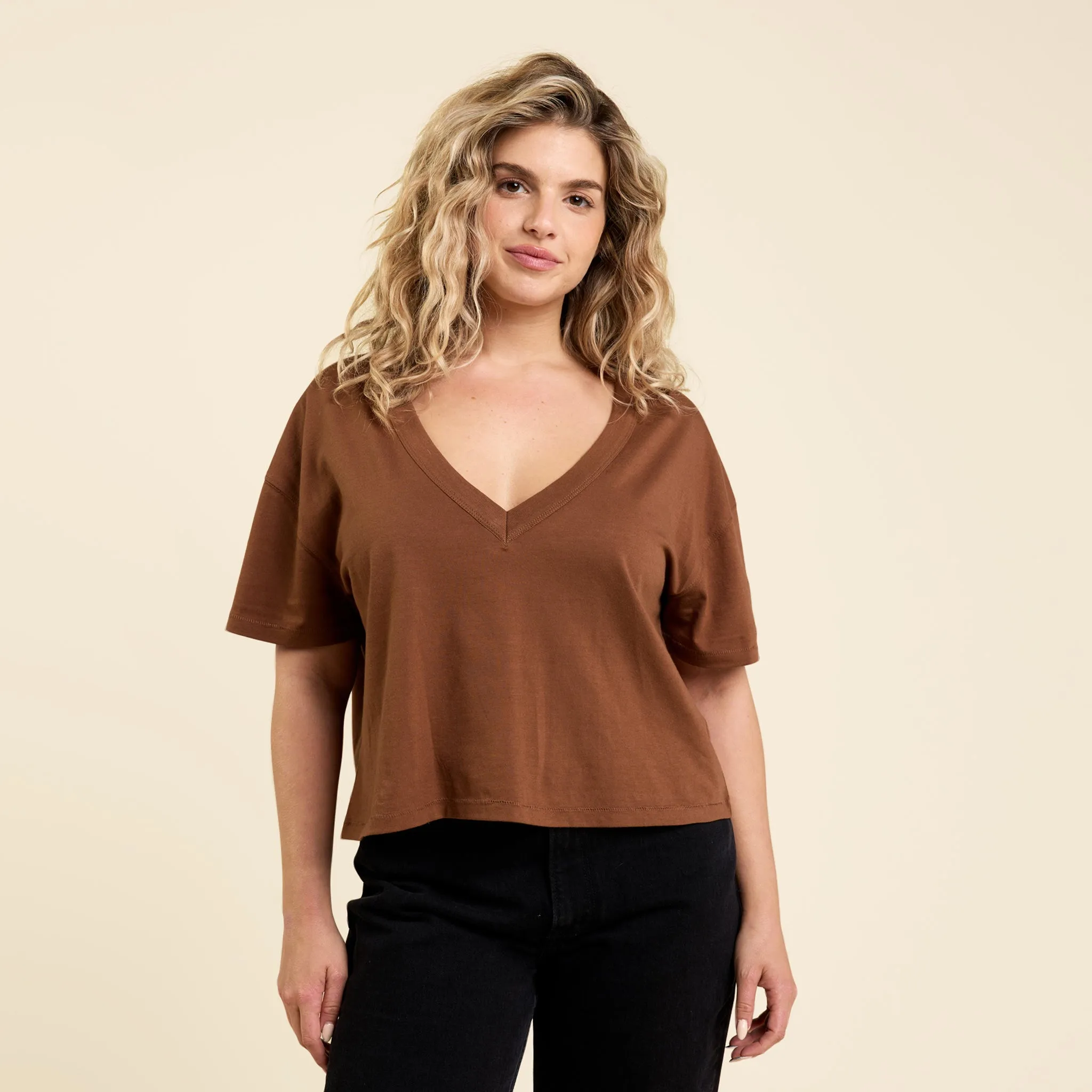 Boxy V-Neck Tee | Chocolate sold by nuuds