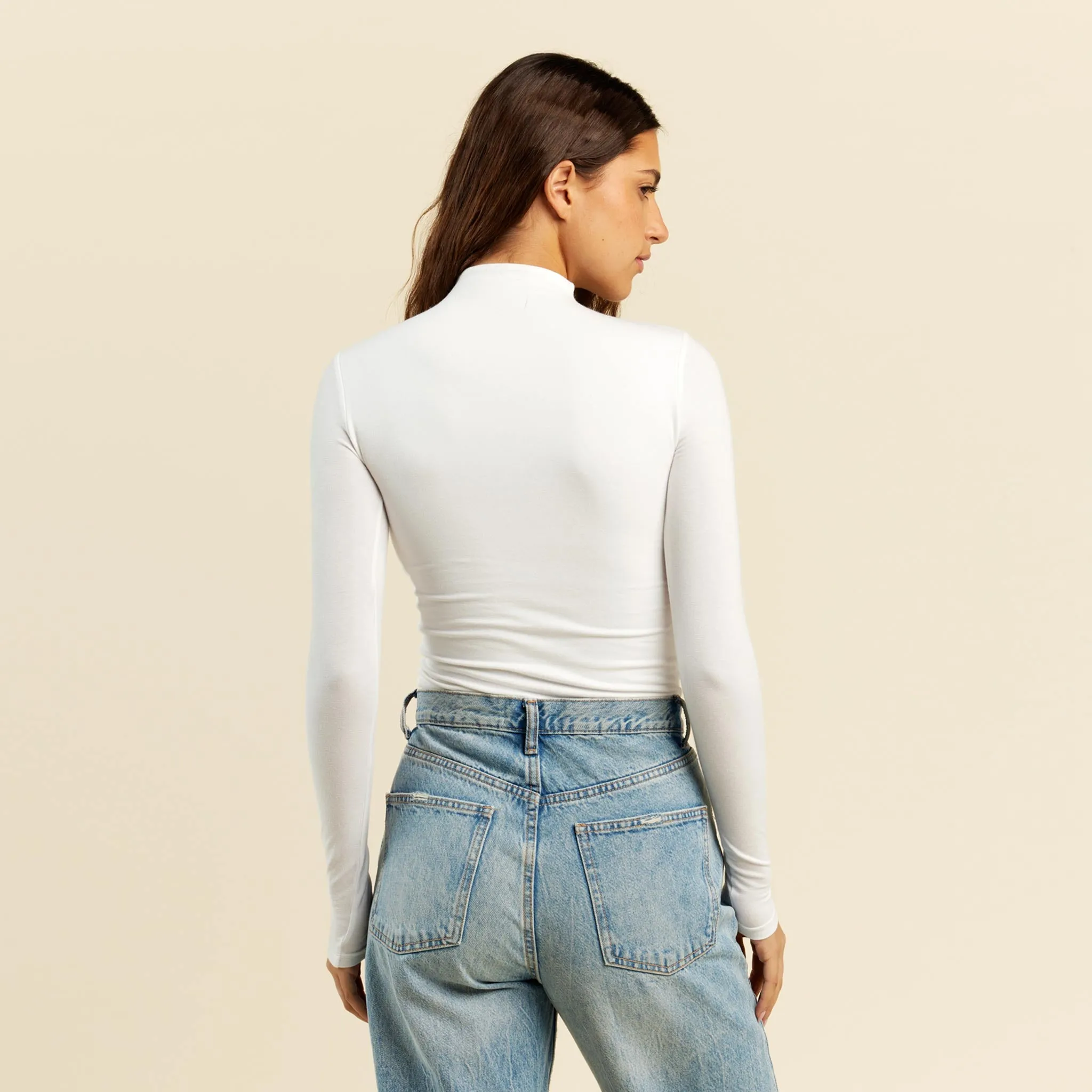 Cotton Stretch Long Sleeve Mock Neck Shirt | White sold by nuuds product image thumbnail 4