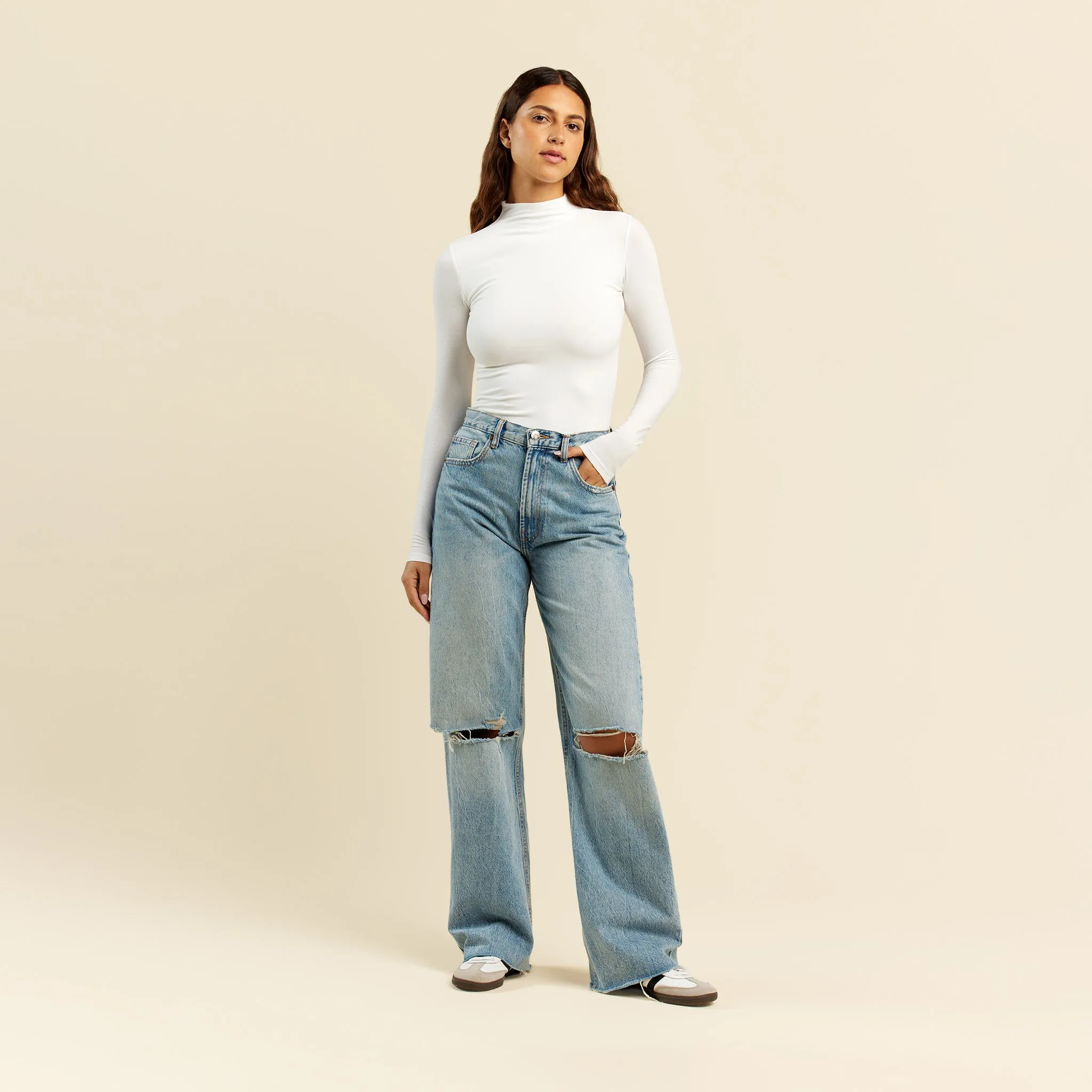 Cotton Stretch Long Sleeve Mock Neck Shirt | White sold by nuuds product image thumbnail 2