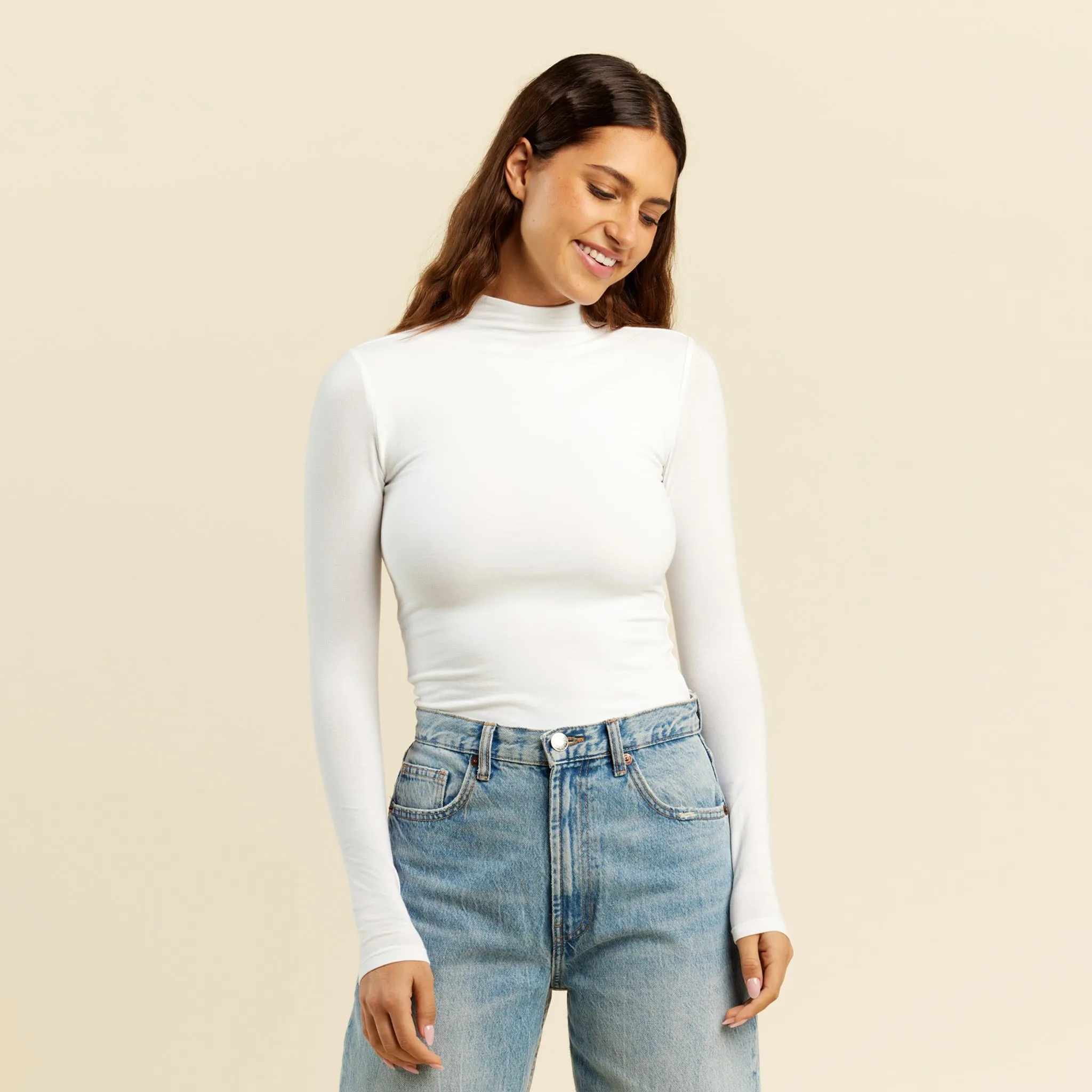 Cotton Stretch Long Sleeve Mock Neck Shirt | White sold by nuuds