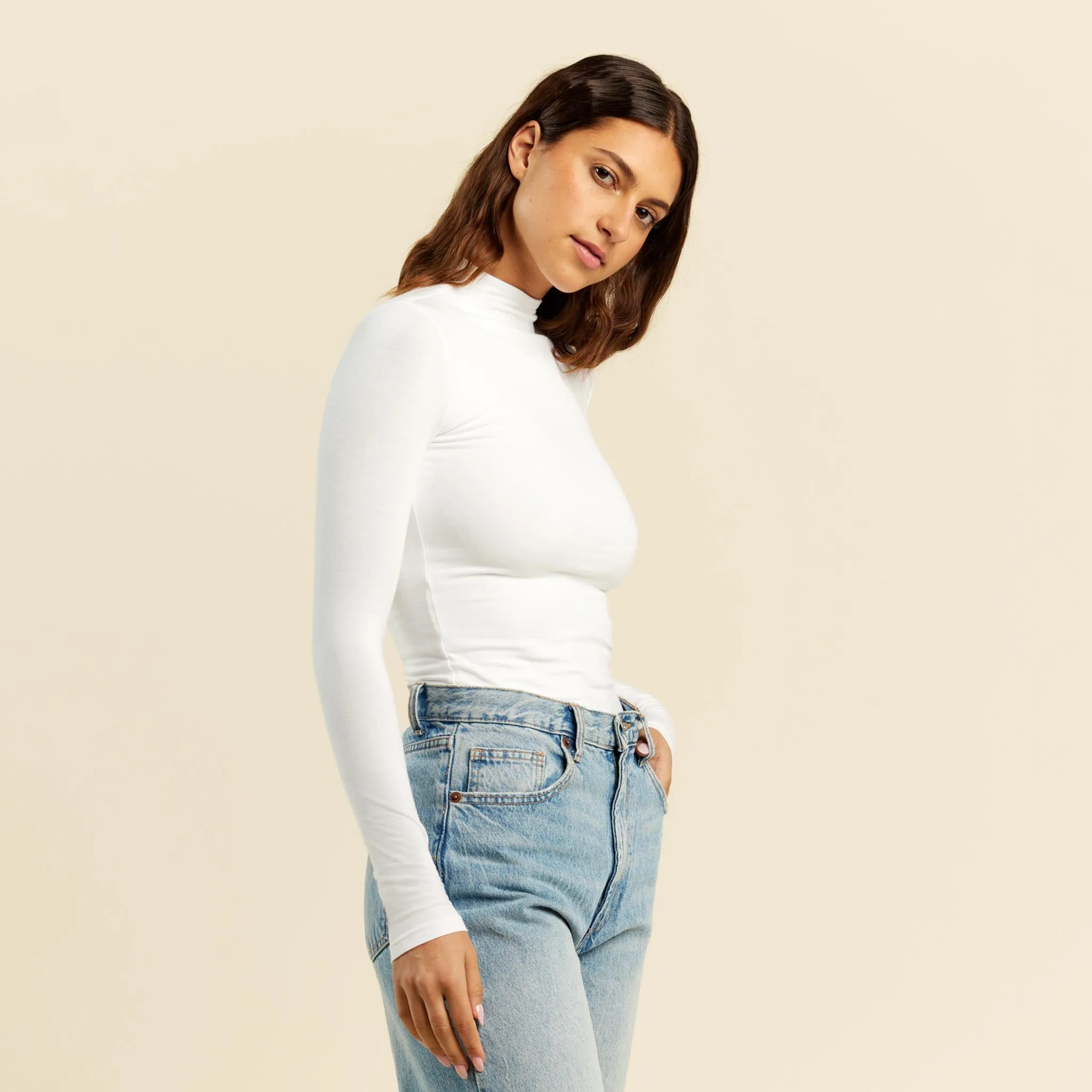Cotton Stretch Long Sleeve Mock Neck Shirt | White sold by nuuds product image thumbnail 3