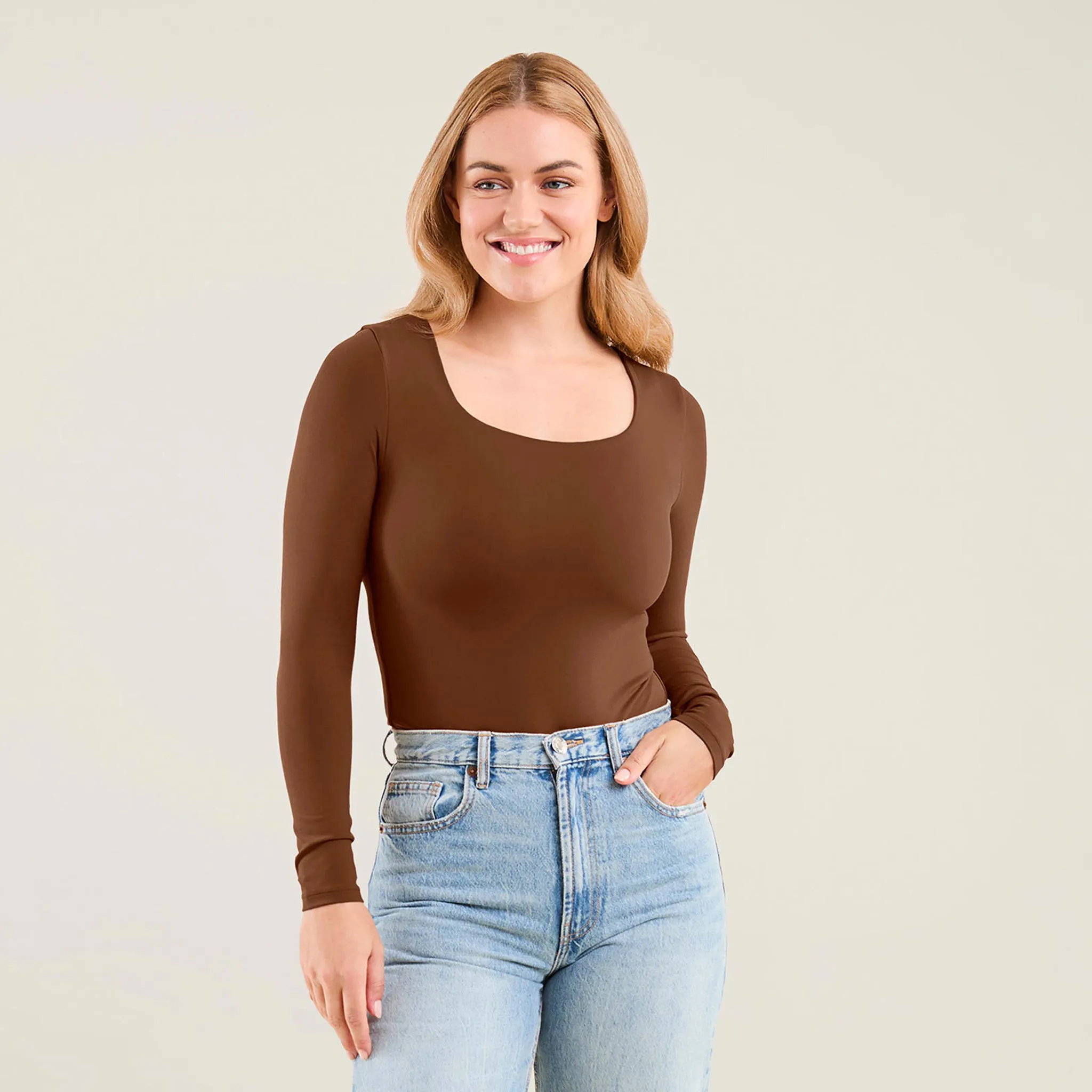 Long Sleeve Square Neck Bodysuit | Chocolate sold by nuuds