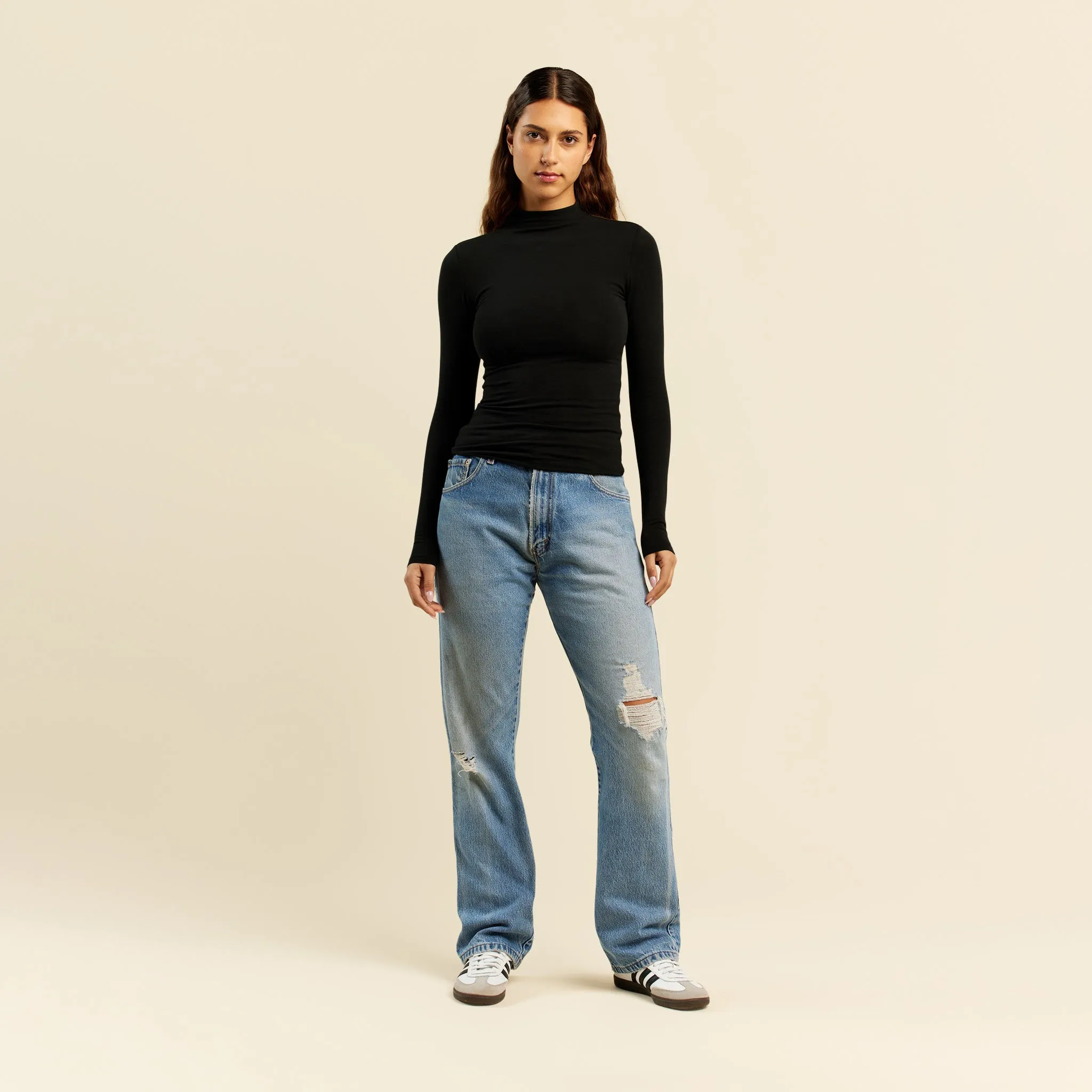 Cotton Stretch Long Sleeve Mock Neck Shirt | Black sold by nuuds product image thumbnail 2