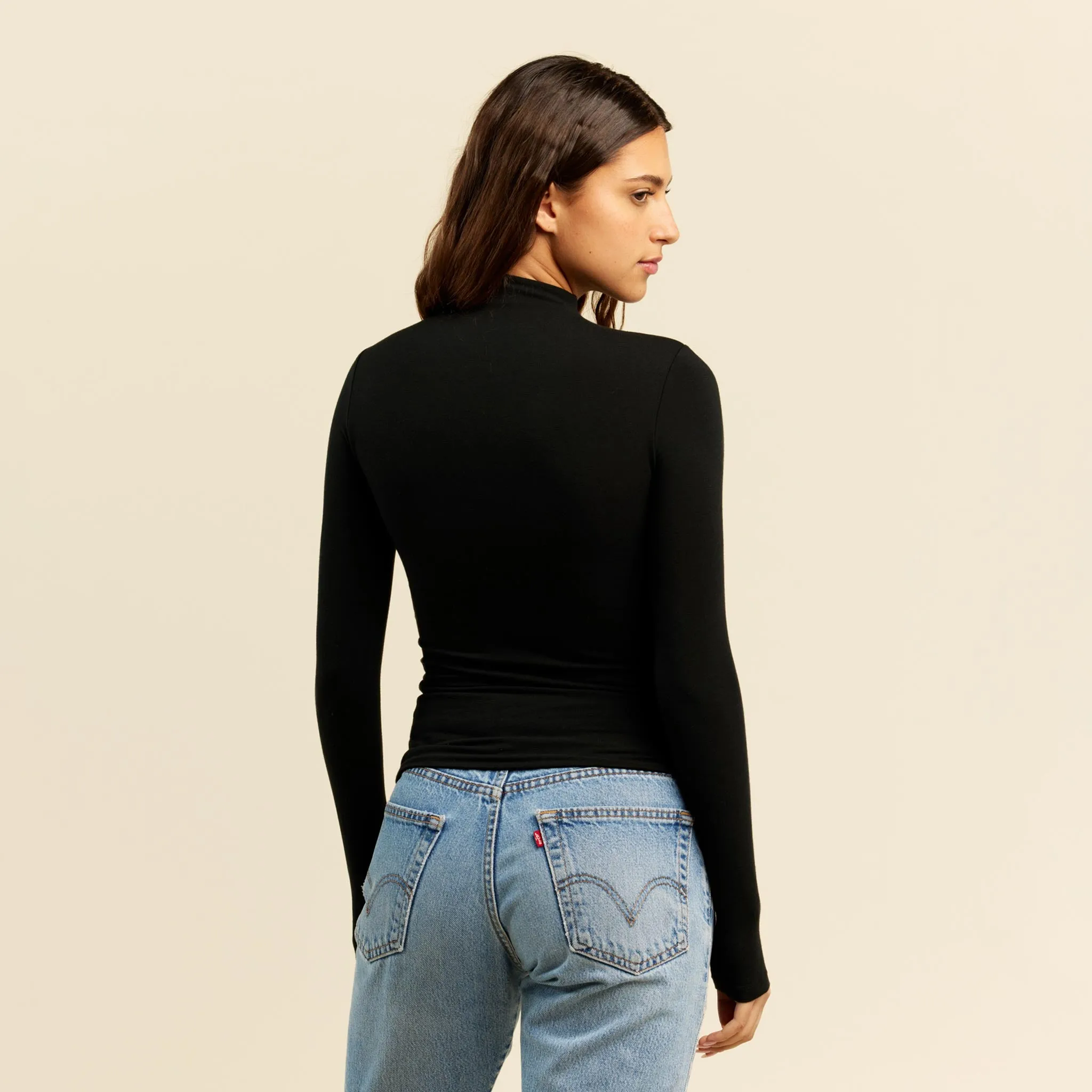 Cotton Stretch Long Sleeve Mock Neck Shirt | Black sold by nuuds product image thumbnail 4