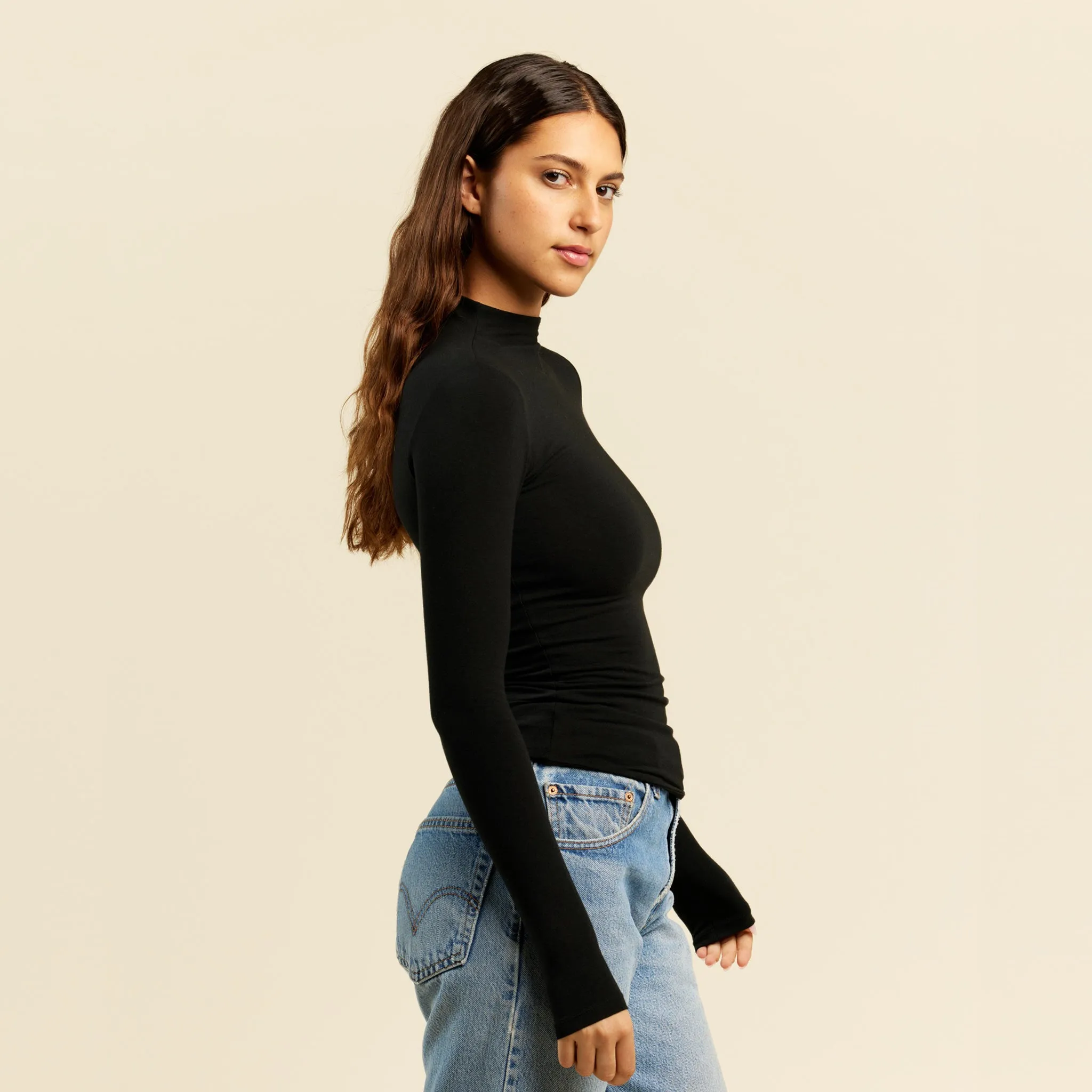 Cotton Stretch Long Sleeve Mock Neck Shirt | Black sold by nuuds product image thumbnail 3