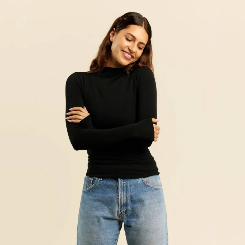 Cotton Stretch Long Sleeve Mock Neck Shirt | Black sold by nuuds