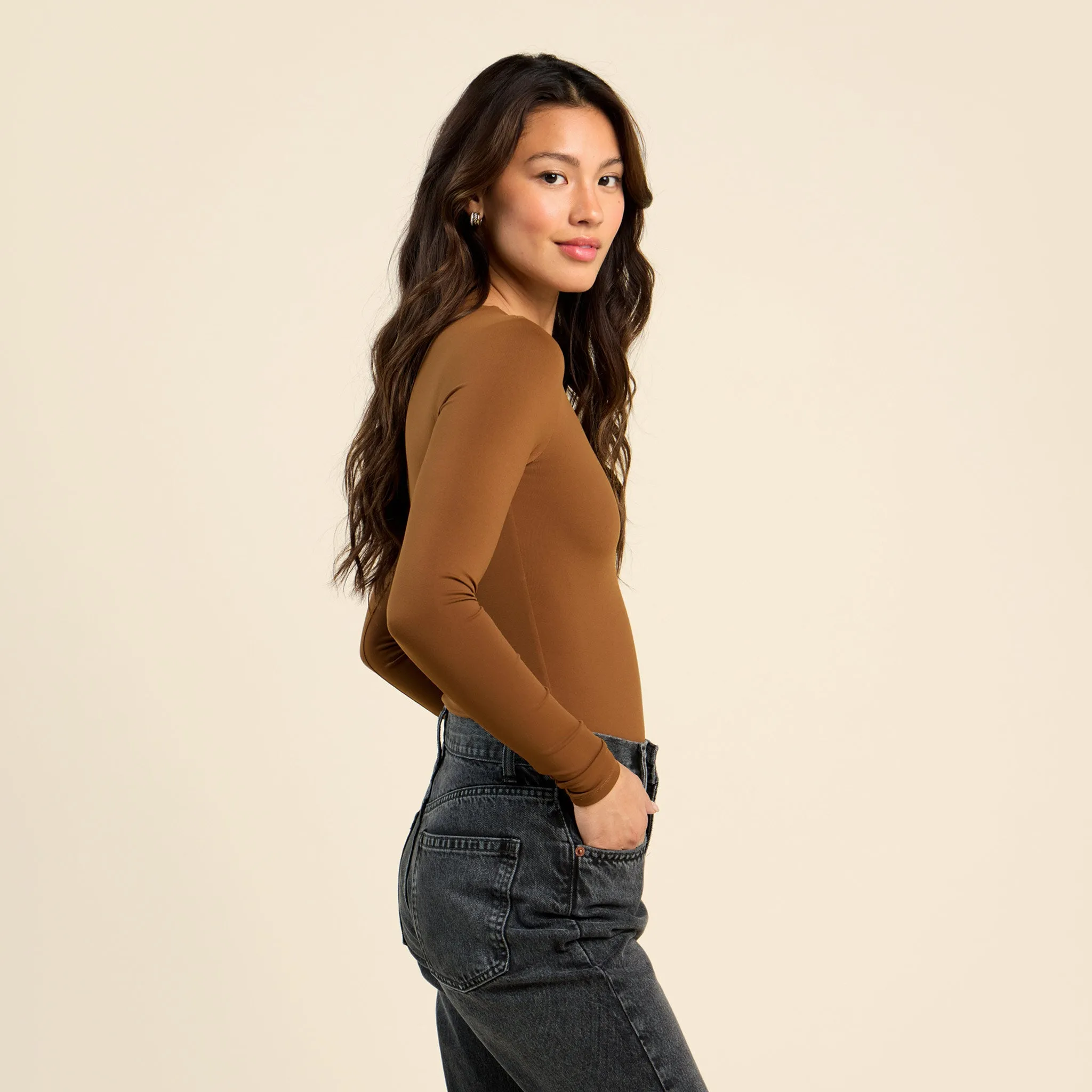Long Sleeve Crewneck Bodysuit | Chocolate sold by nuuds product image thumbnail 3
