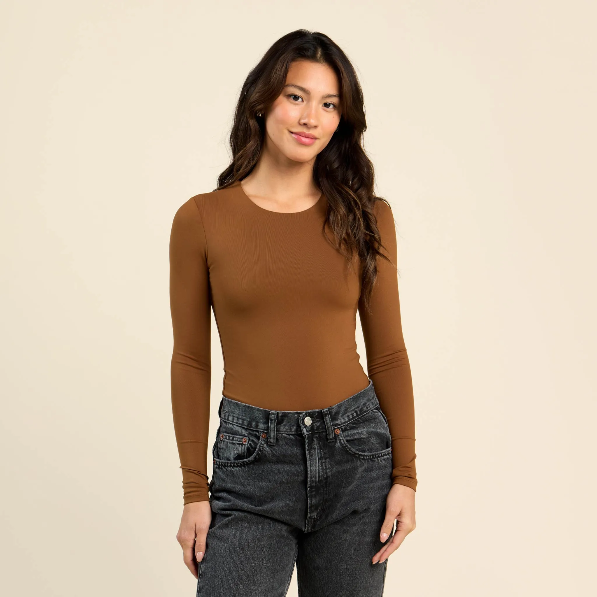 Long Sleeve Crewneck Bodysuit | Chocolate sold by nuuds