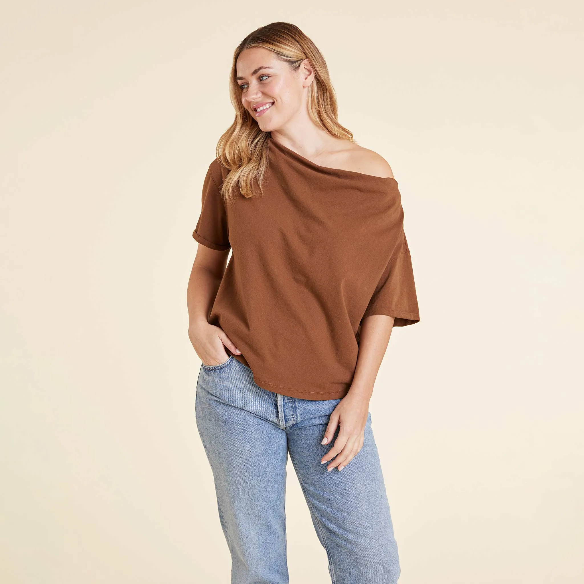 Vintage Cotton Off The Shoulder T-Shirt | Chocolate sold by nuuds