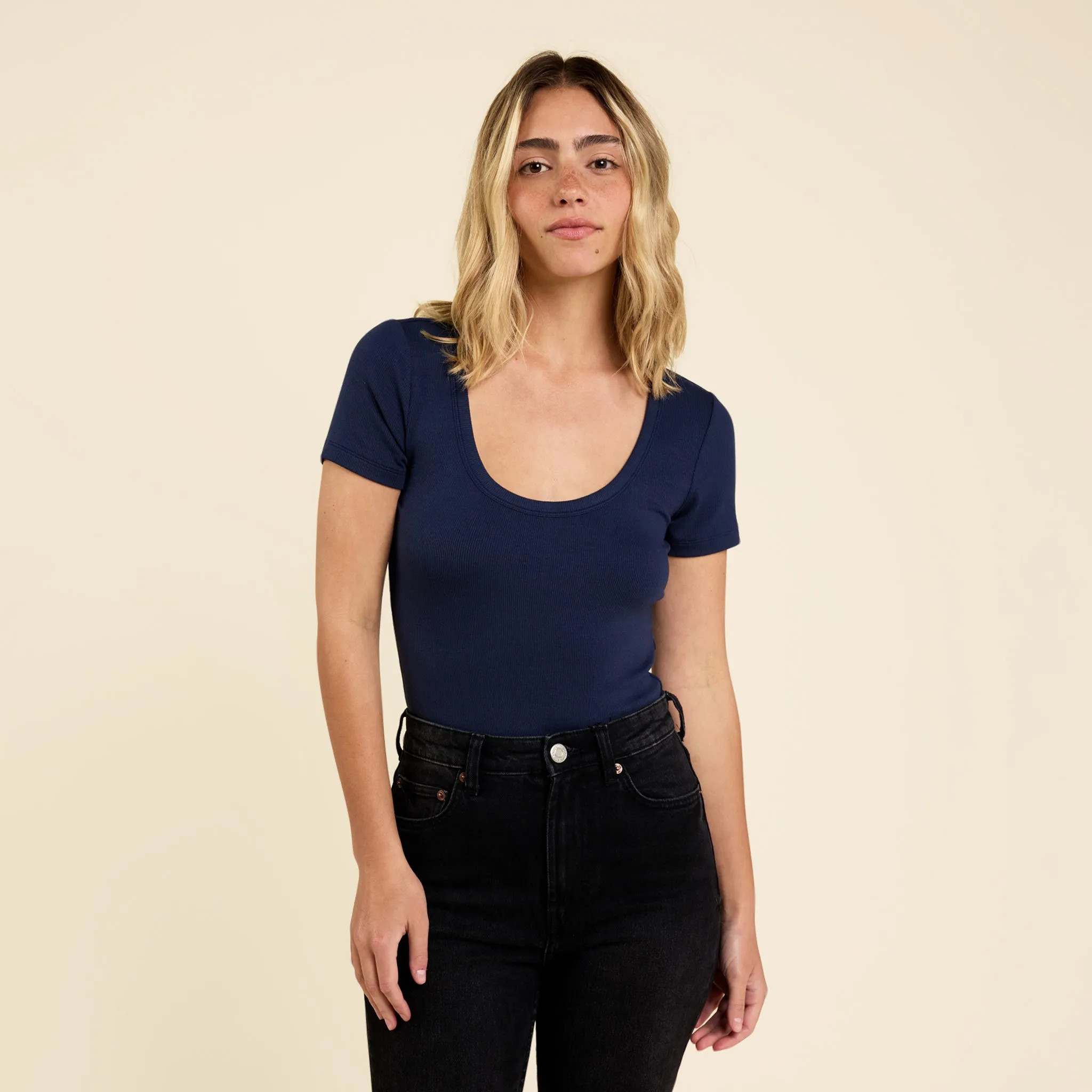 Slinky Rib Short Sleeve Bodysuit | Navy sold by nuuds