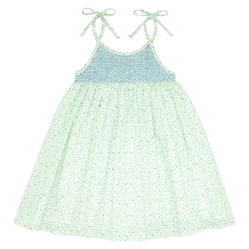 girls hibiscus ditsy smocked dress with shoulder ties sold by minnow