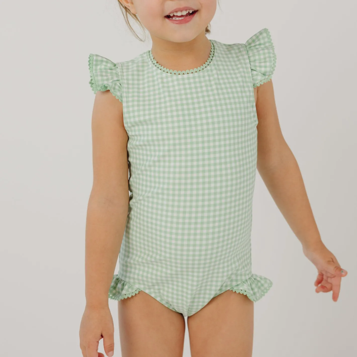girls palm gingham ruffle cap sleeve rashguard one piece sold by minnow product image thumbnail 4