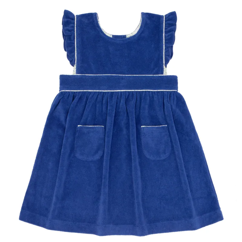girls cove blue french terry ruffle sleeve pinafore dress sold by minnow
