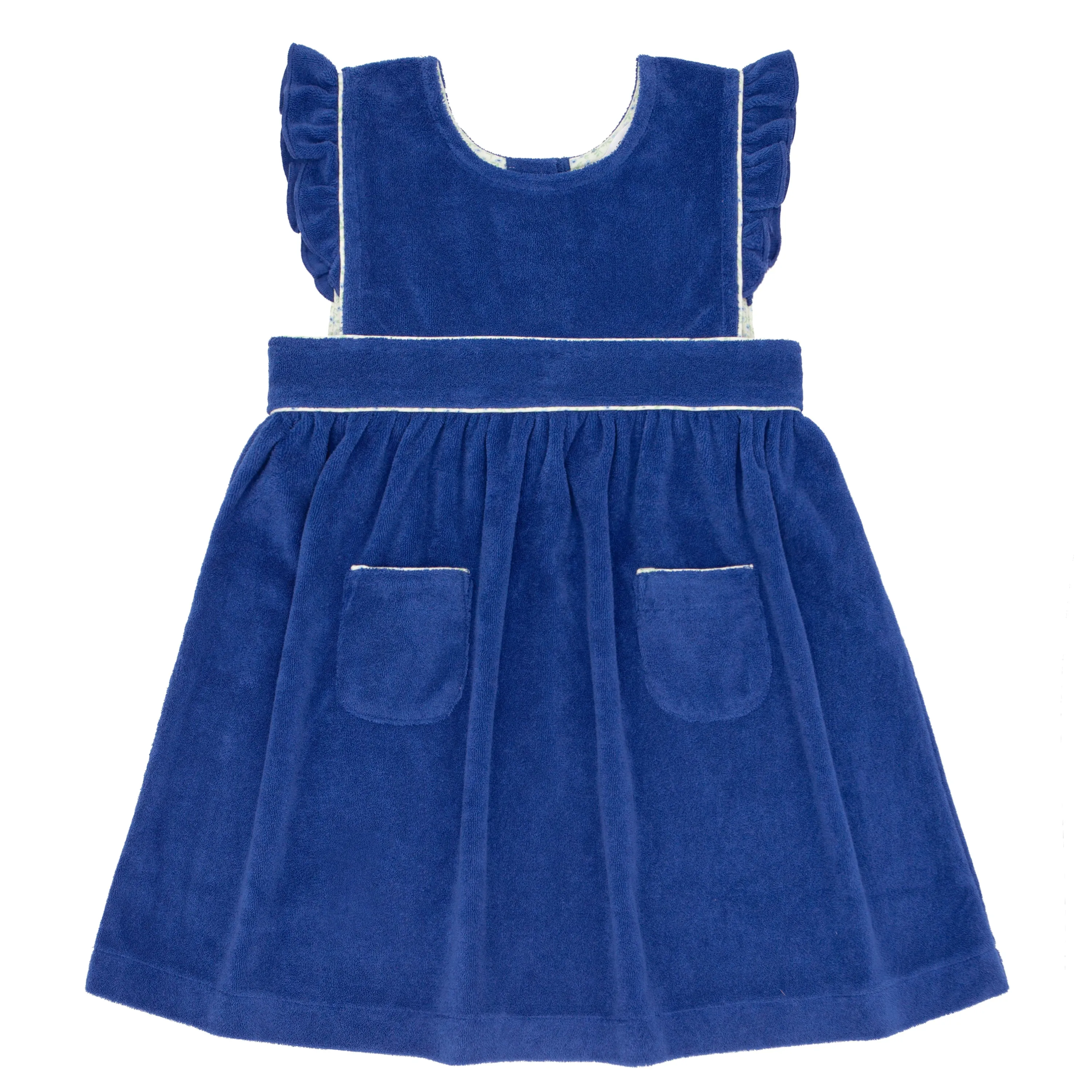 girls cove blue french terry ruffle sleeve pinafore dress sold by minnow
