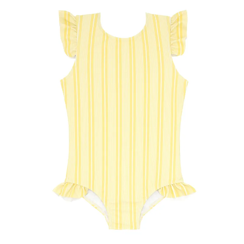 girls pineapple stripe ruffle cap sleeve rashguard one piece sold by minnow