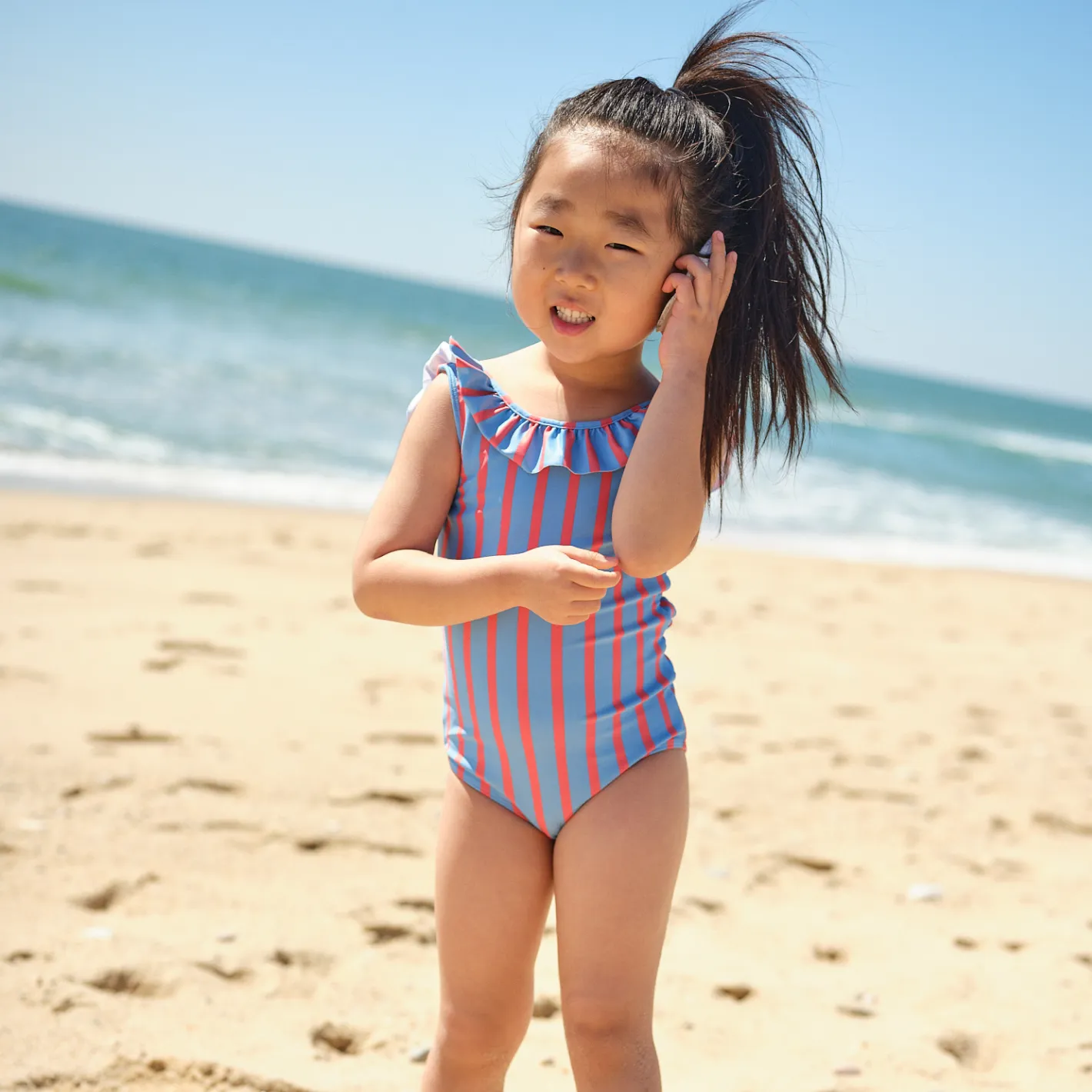 girls maritime stripe ruffle collar one piece sold by minnow product image thumbnail 2