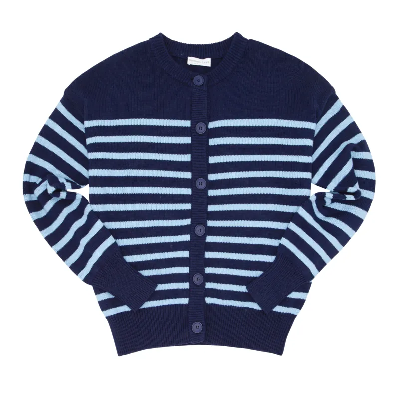 women's navy and peri blue stripe cardigan sold by minnow
