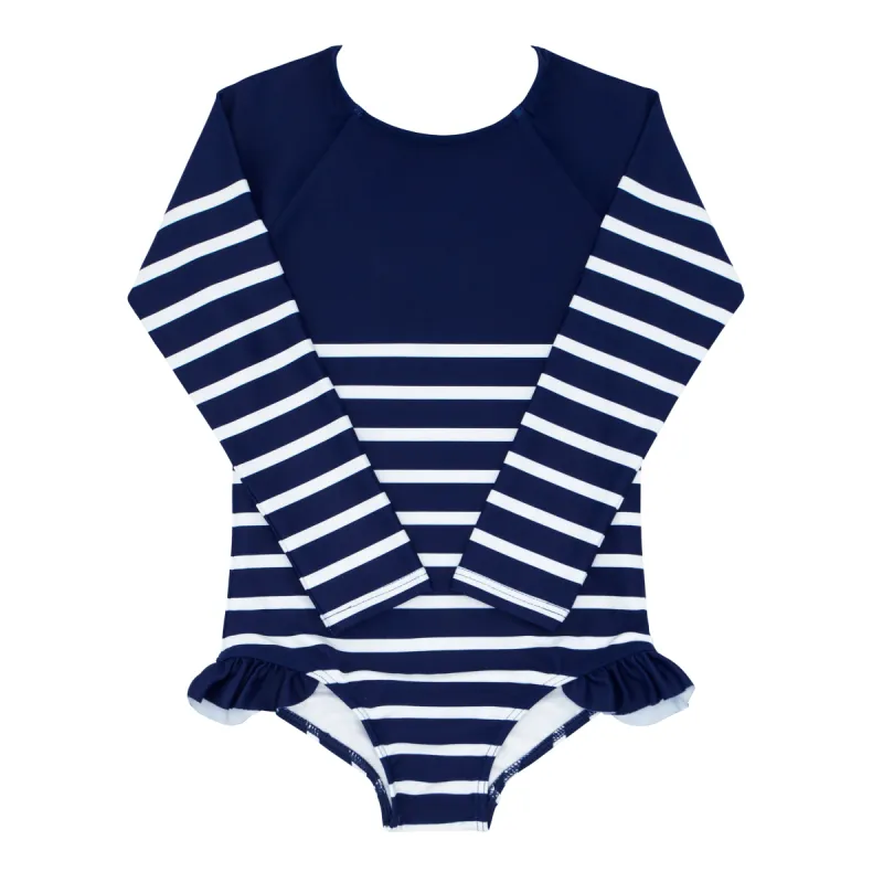 girls navy breton stripe rashguard one piece sold by minnow