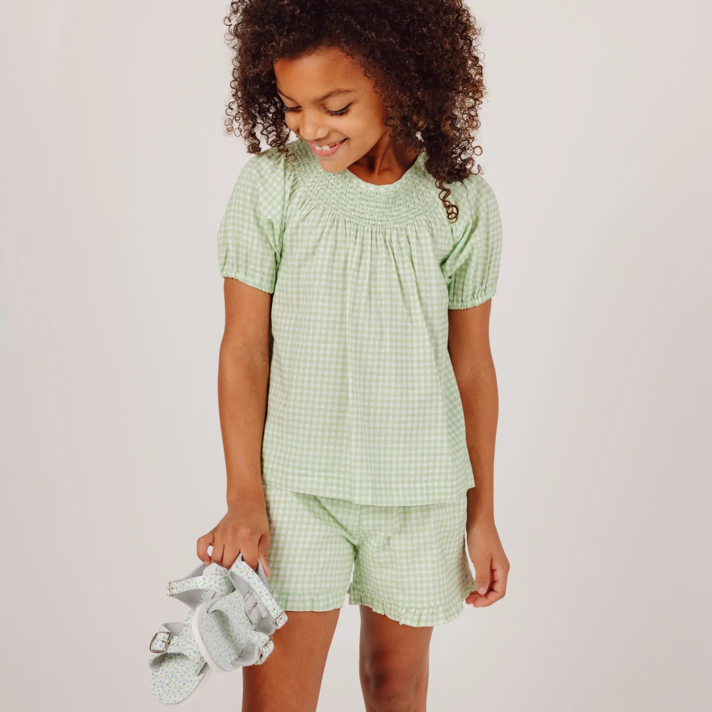 girls palm gingham smocked sleeve short set sold by minnow product image thumbnail 4