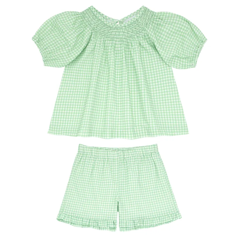 girls palm gingham smocked sleeve short set sold by minnow
