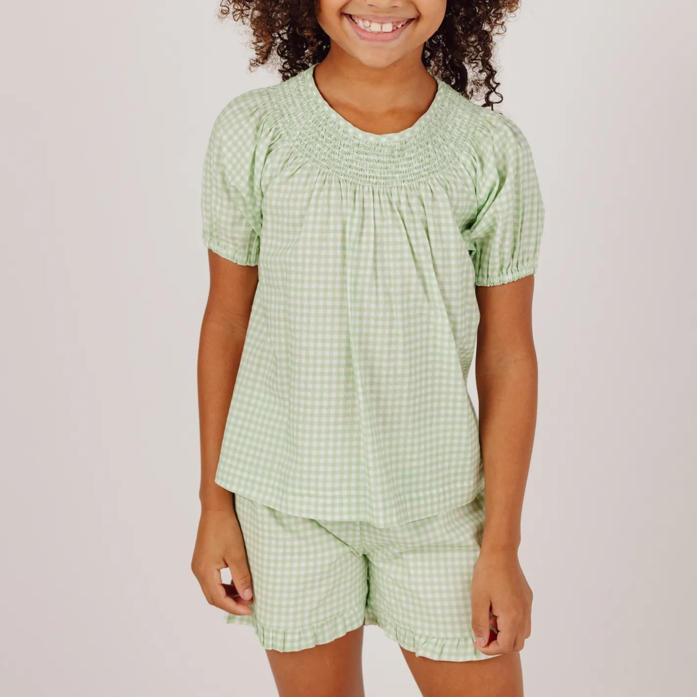 girls palm gingham smocked sleeve short set sold by minnow product image thumbnail 2